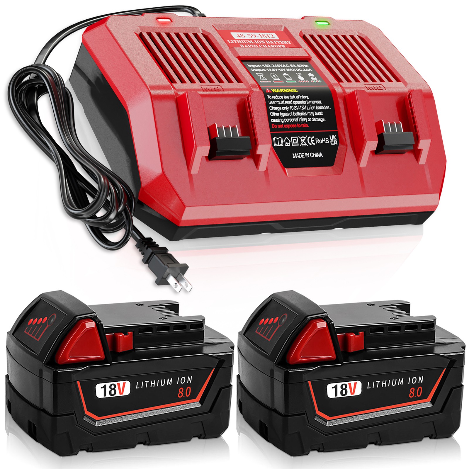 2 Pack 18V 8.0 Ah Battery and 2-Port Charger kit For Milwaukee M-18 4811-1862