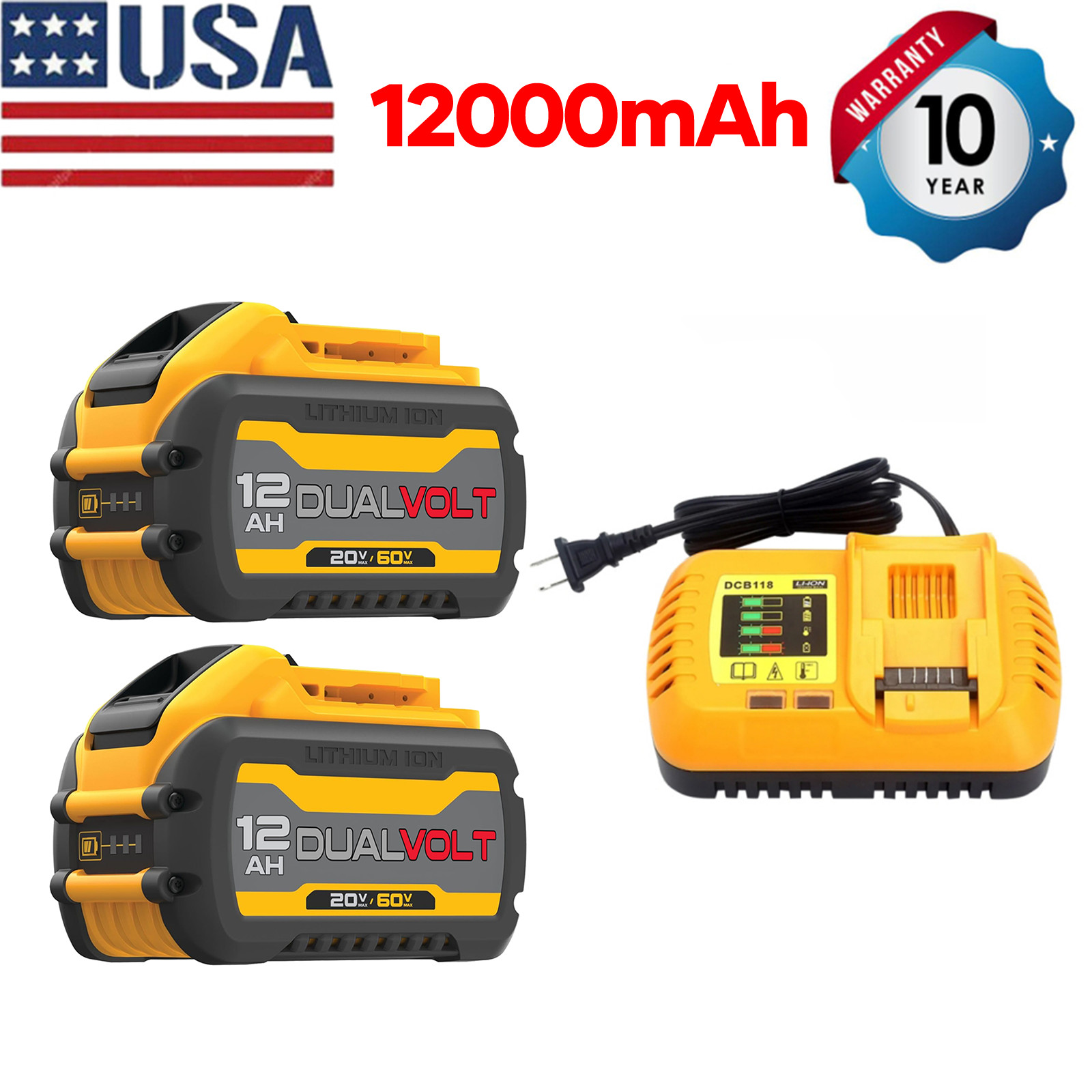 2PCS 12Ah Replacement DCB606-2 Battery for Dewalt 20V 60V Max Battery & Charger/
