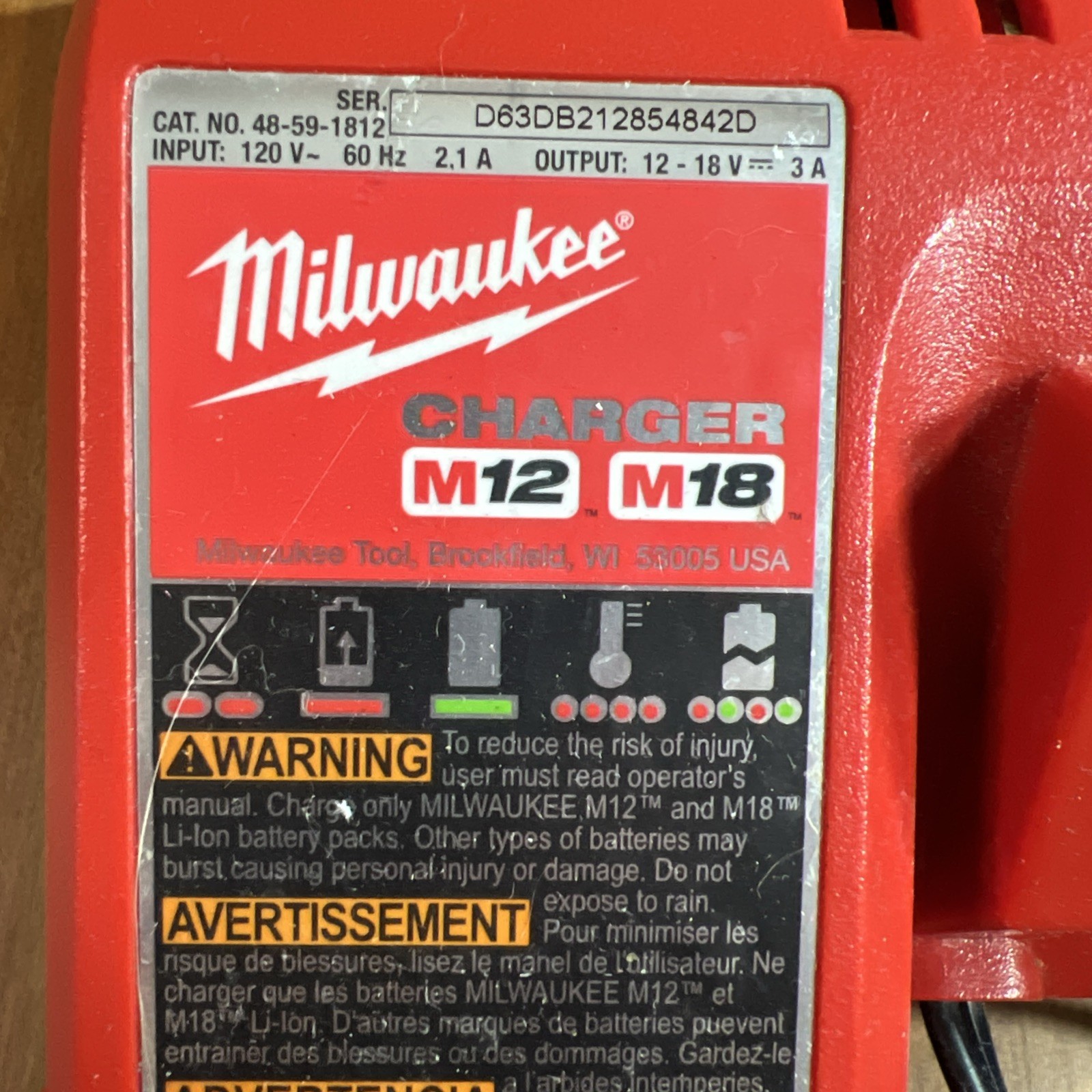 Milwaukee M12 M18 Power Tool Battery Charger Red 12-18V Model 48-59-1812