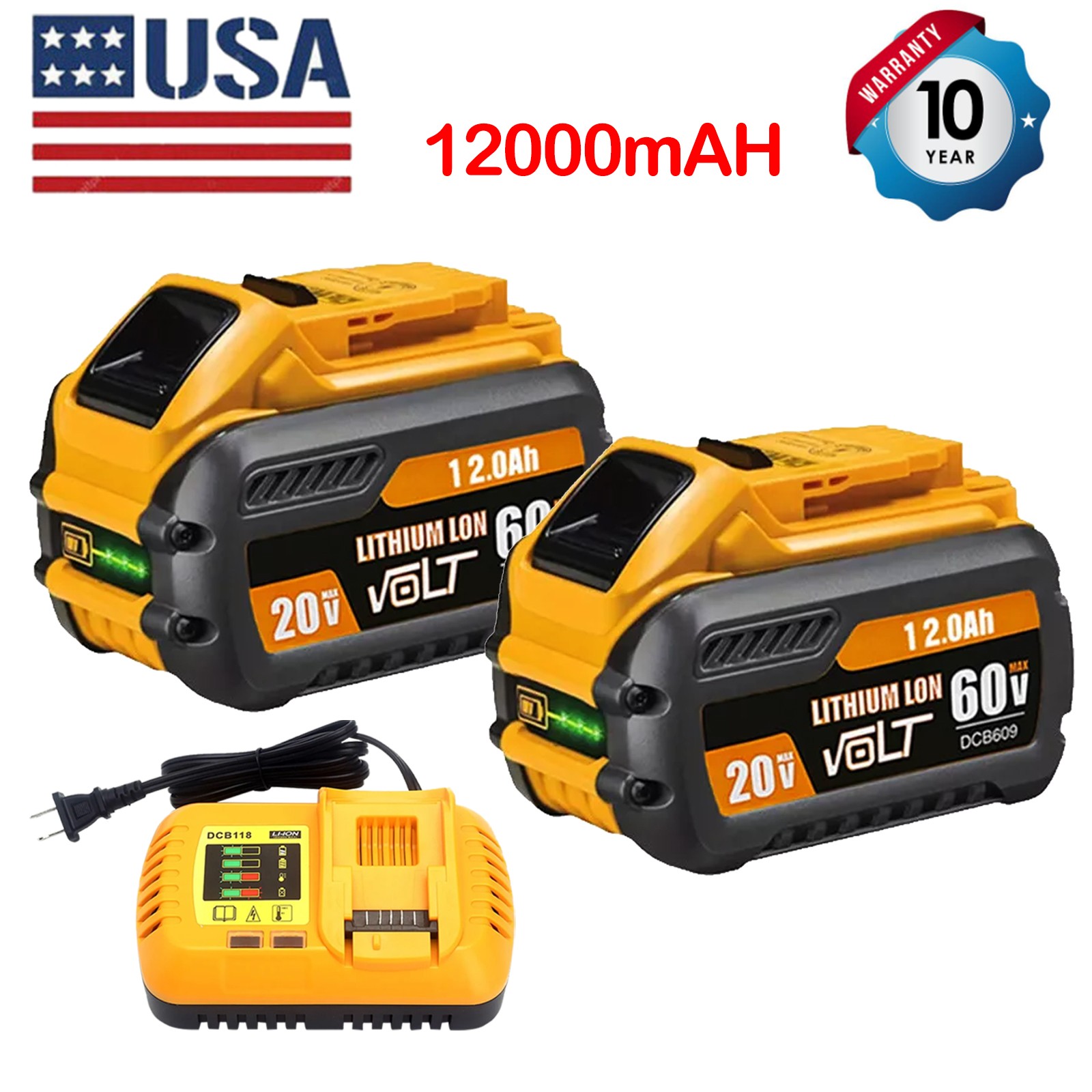 2PCS 12Ah Replacement DCB606-2 Battery for Dewalt 20V 60V Max Battery & Charger/