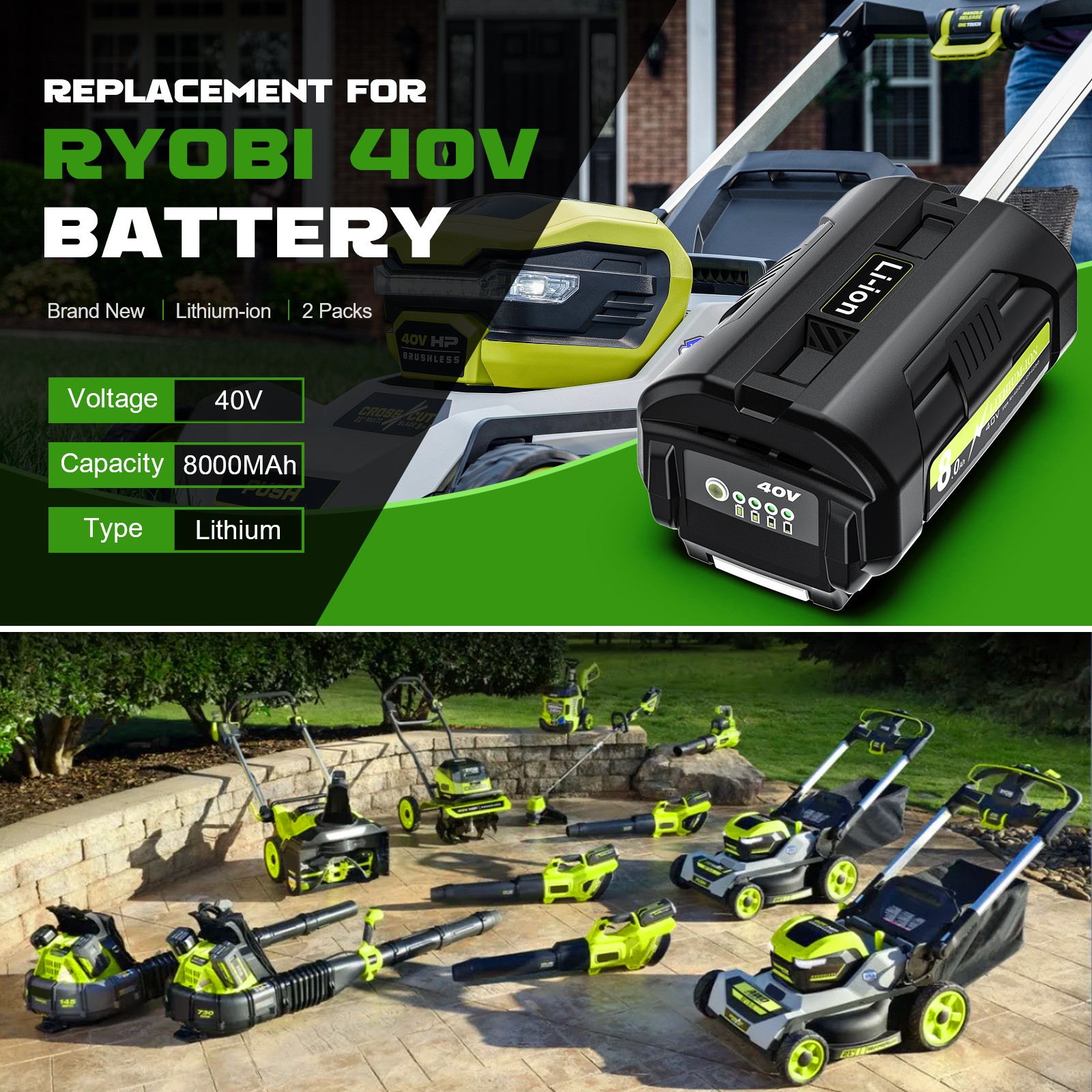 2-1pack 8.0Ah For Ryobi 40V High Capacity Battery OP4060 OP40602 OP40401 OP4050