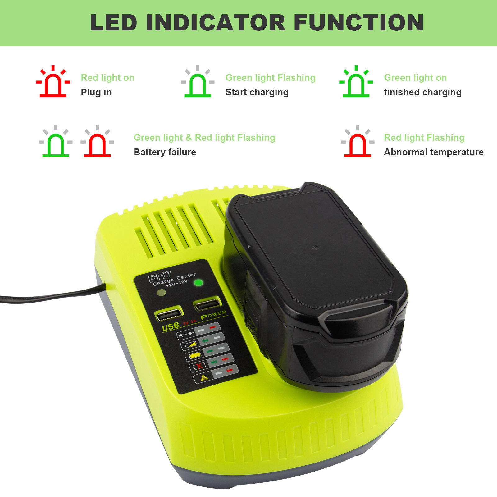 Fast Charger 18V LED For Ryobi One+ Plus P108 Li-ion Battery P117 P107 RB18L50