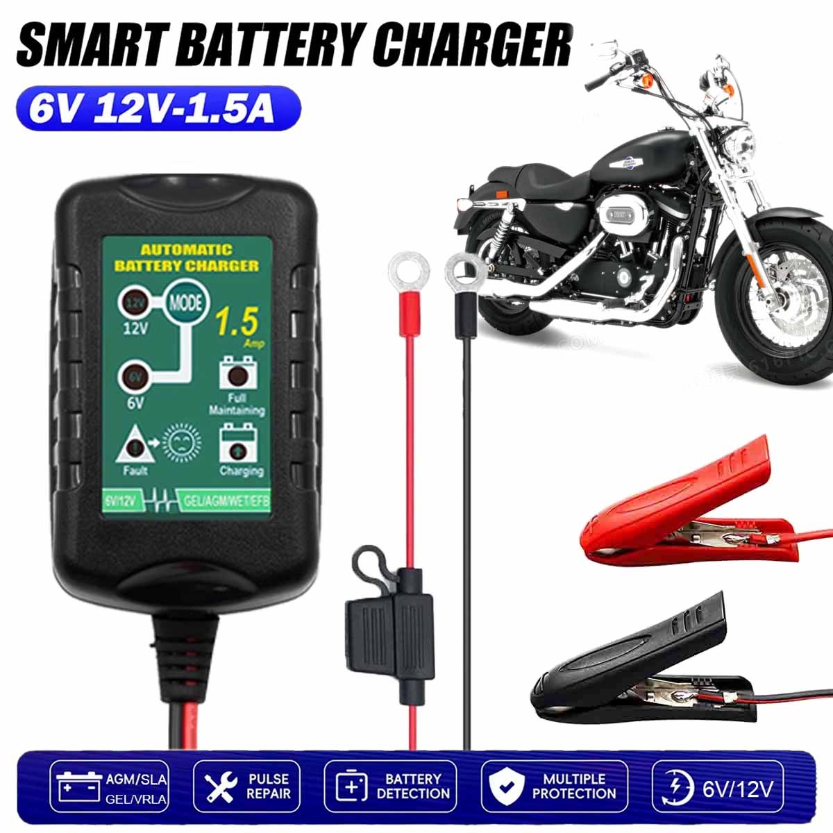Smart 6V 12V Battery Charger Maintainer for Car, Marine, Motorcycle, Lawn Mower