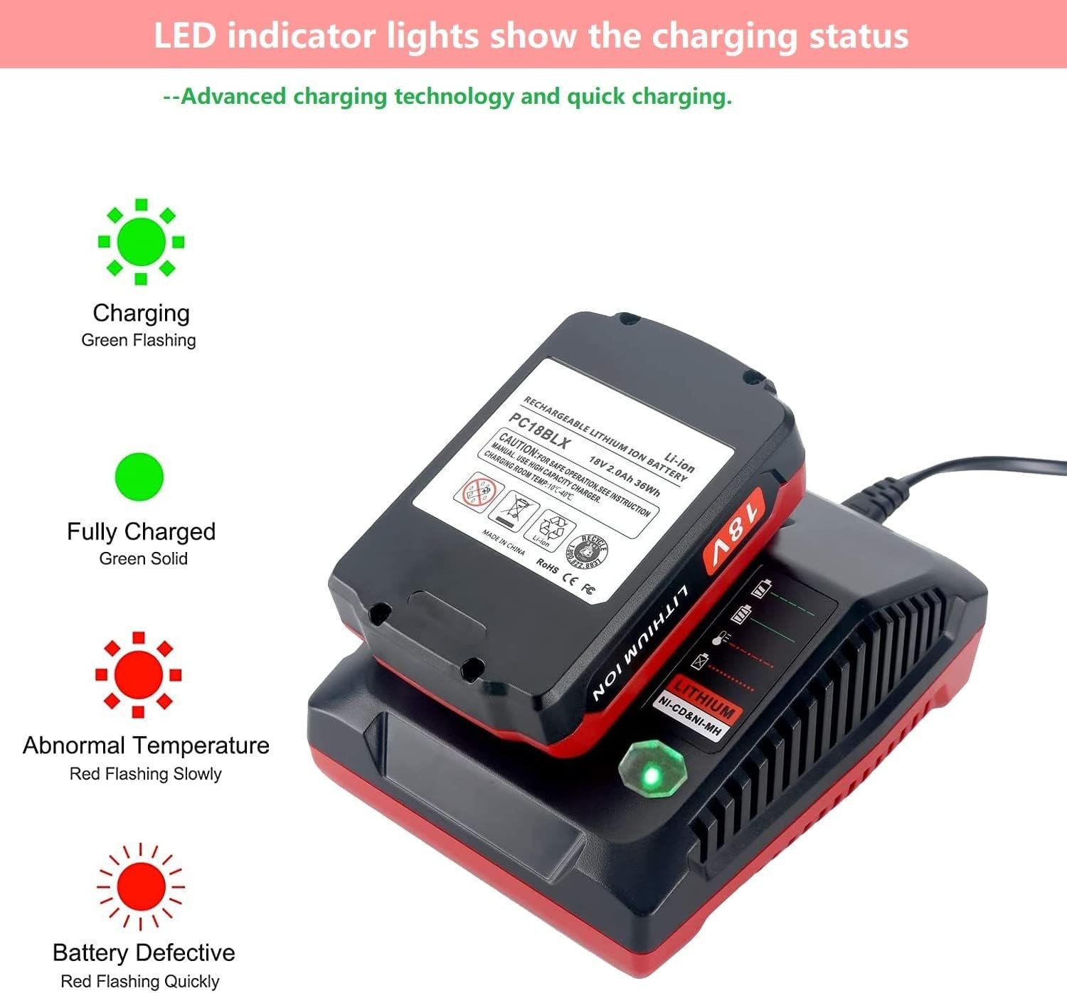 For Porter Cable 18V Lithium-Ion & NiCad NiMh Battery Charger PCXMVC PCMVC PC18B