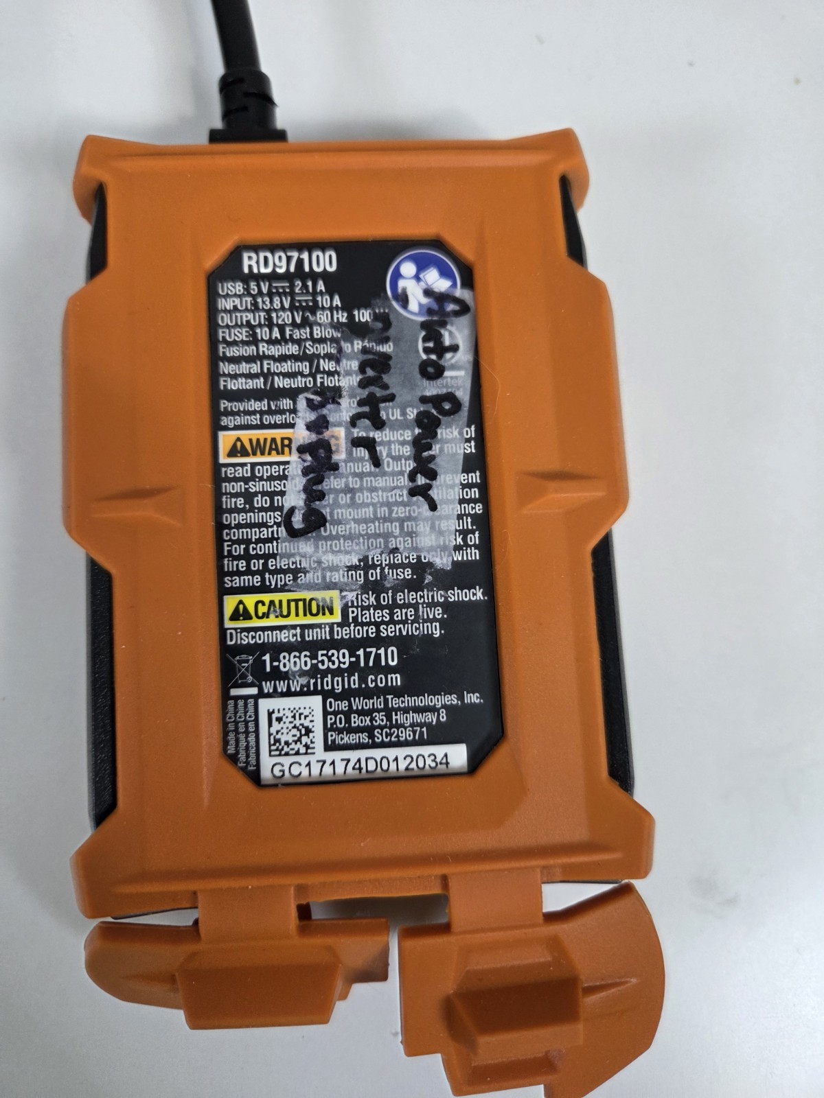 RIDGID RD97100 Orange Vehicle Power Tool Battery Charger w/ Car Plug Inverter