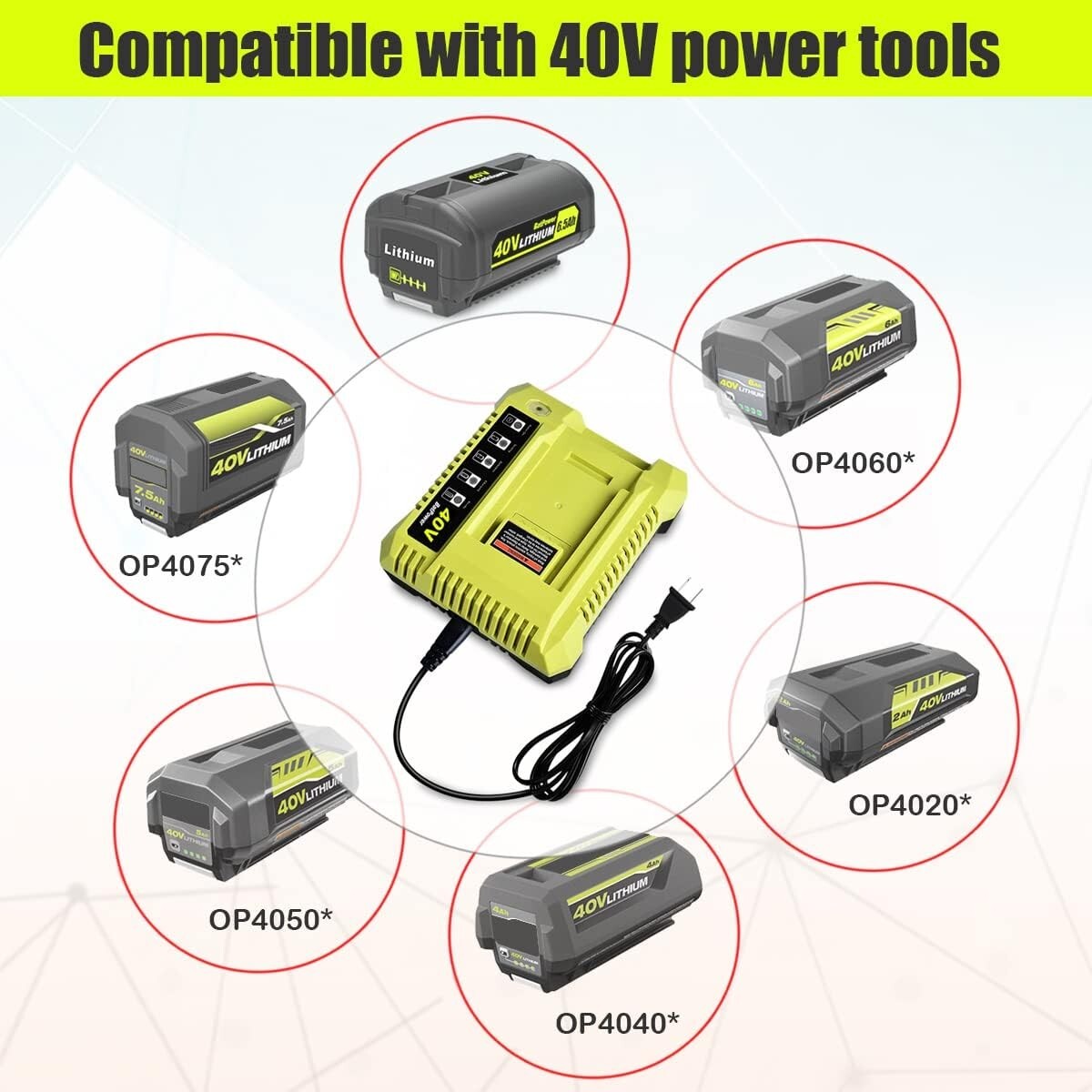 BatPower 40V Rapid Dual Charger Compatible with Ryobi OP401 OP406 OP407A Charger
