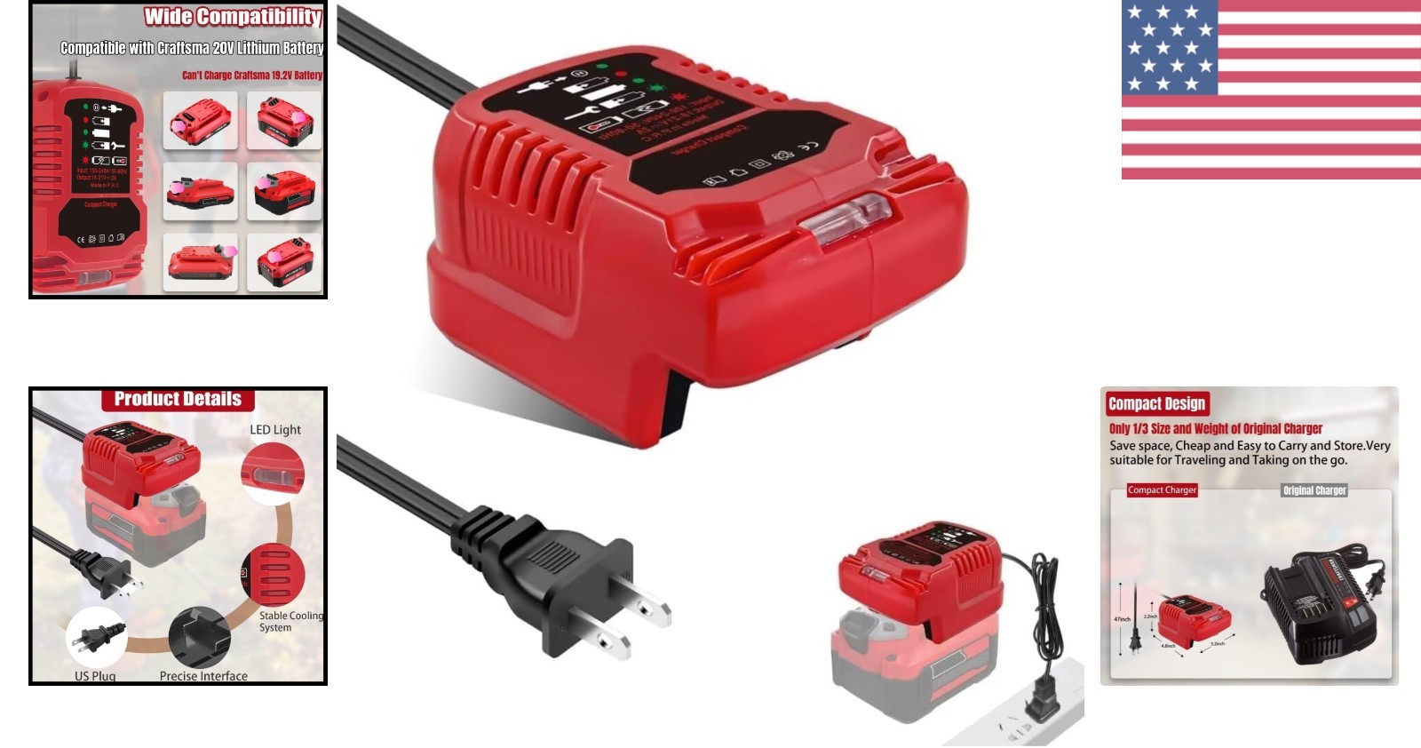 Lightweight Mini Battery Charger – 110V Input for 18V Craftsman V20 Tools