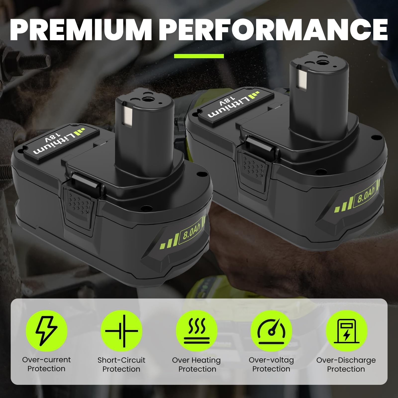 [Upgraded to 8000mAh] 2 Pack P108 Replacement for Ryobi 18V Battery 8000mAh, Com