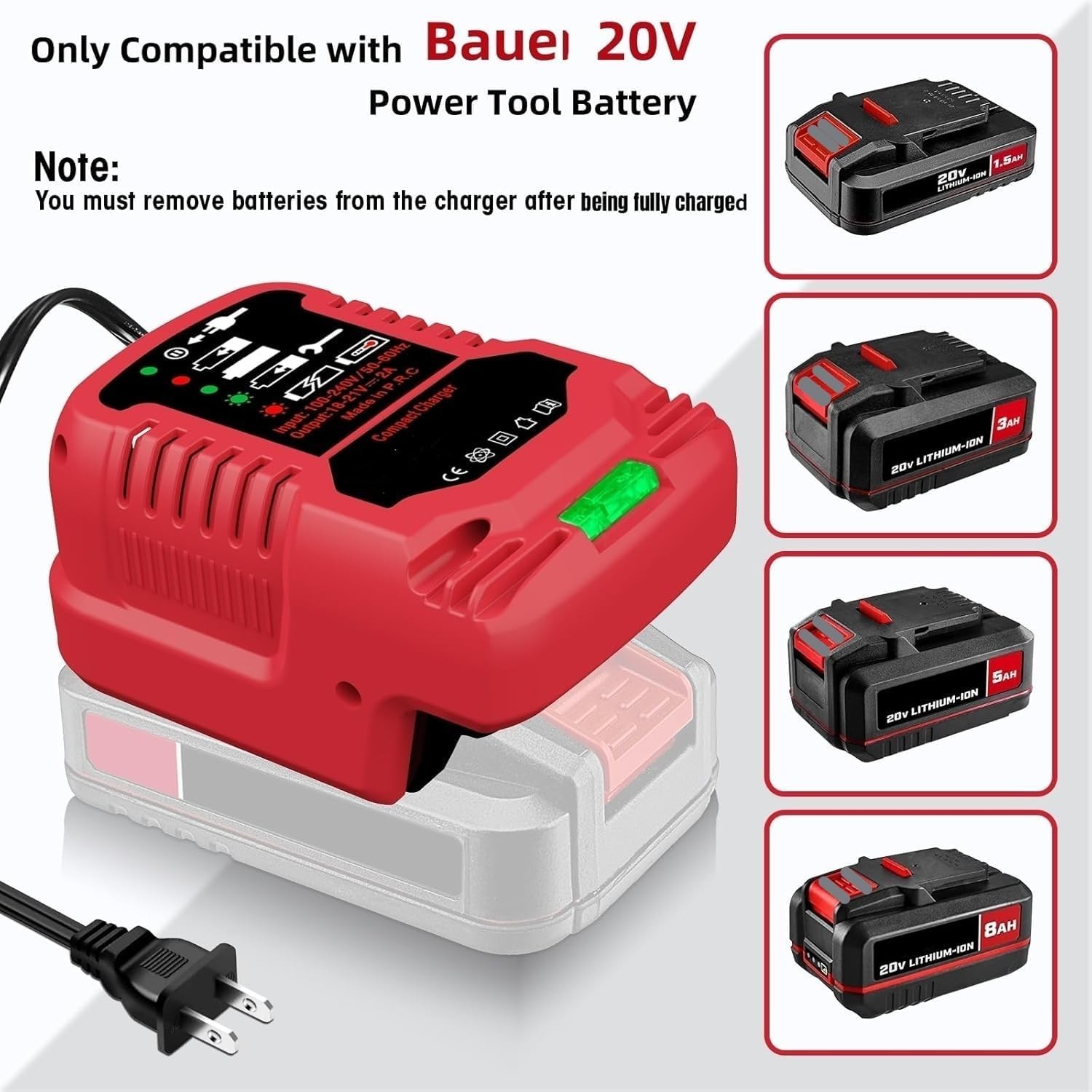 Compact Bauer 20V Battery Charger – Travel-Ready 110V Input, LED Charging Status