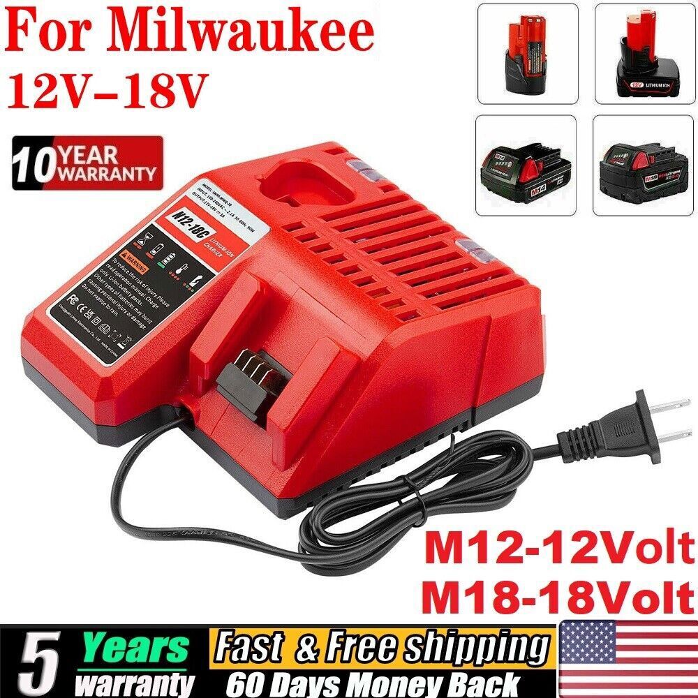12-18V Rapid Charger M12-18C for Milwaukee M#12 M#18 48-11-1860 Li-ion Battery