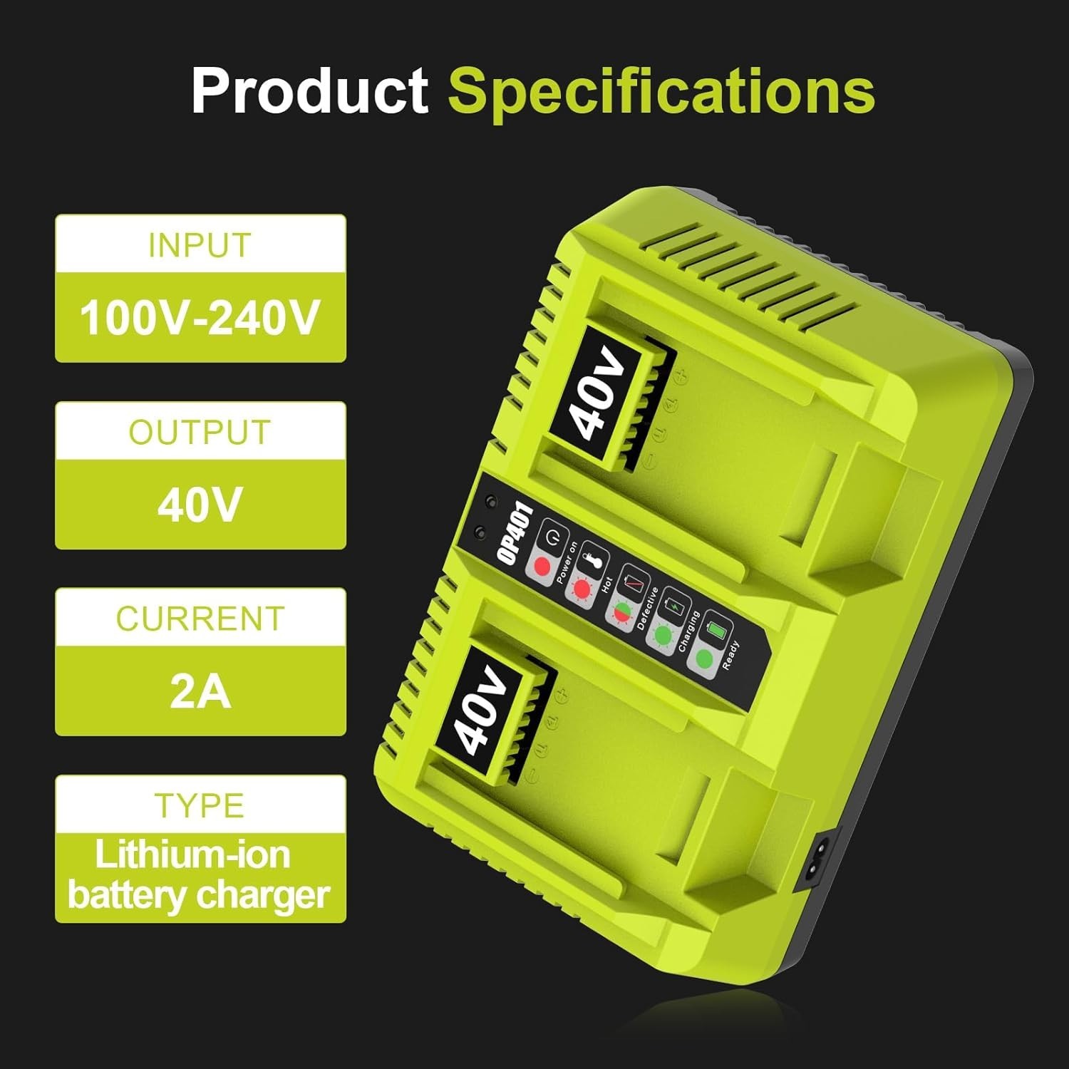 For Ryobi 40V Battery 2 Port OP401 Fast Charger Fit OP4015 OP4026 OP4040 OP4050