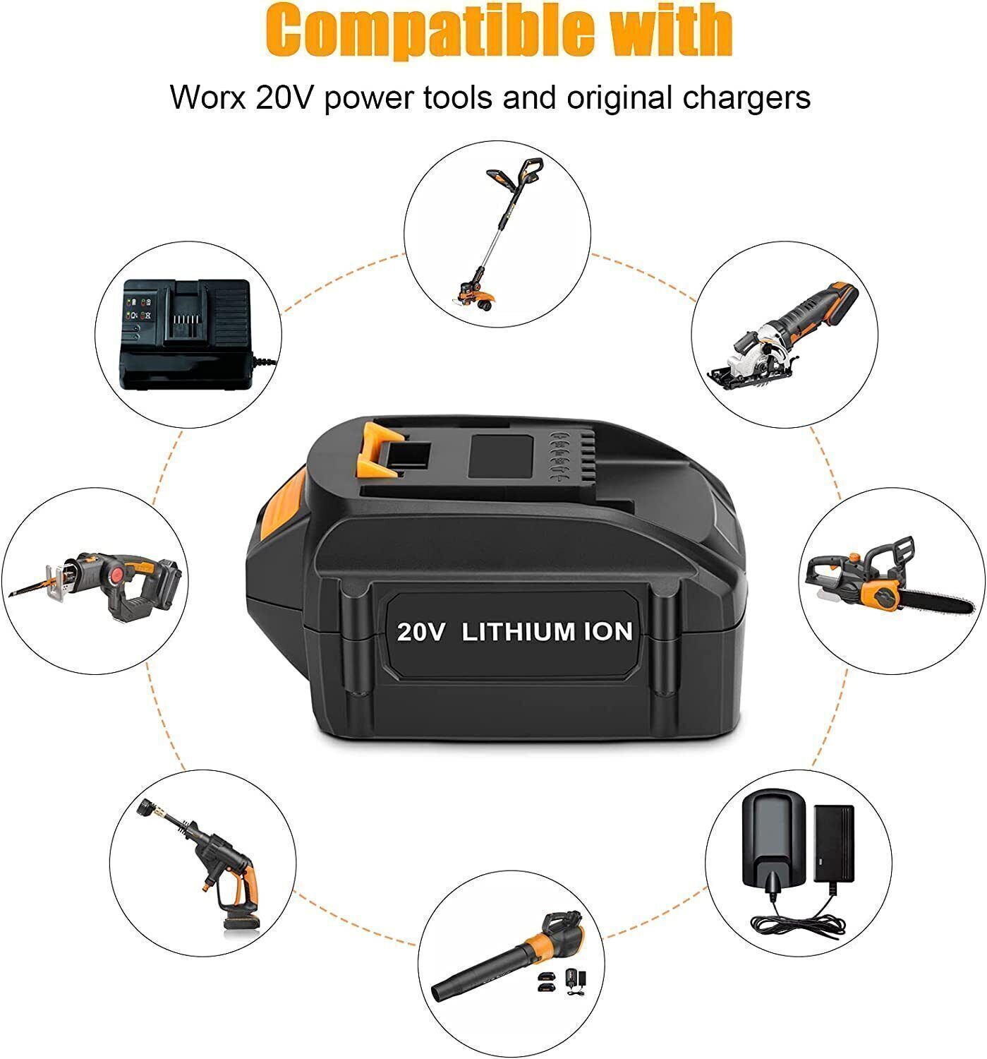 20V 8.0AH MAX Extend Lithium For WORX Battery 20Volt WA3520 WA3525 WA3575 WG155