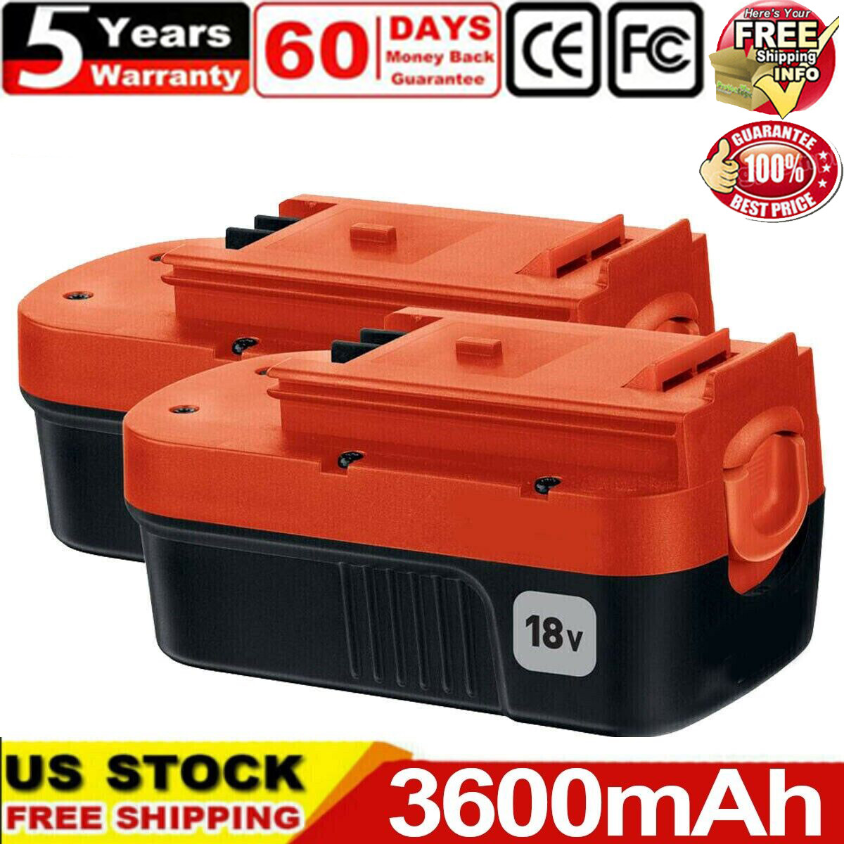 2-Pack 18V for Black and Decker HPB18 18 Volt 3.6Ah Battery HPB18-OPE 244760-00