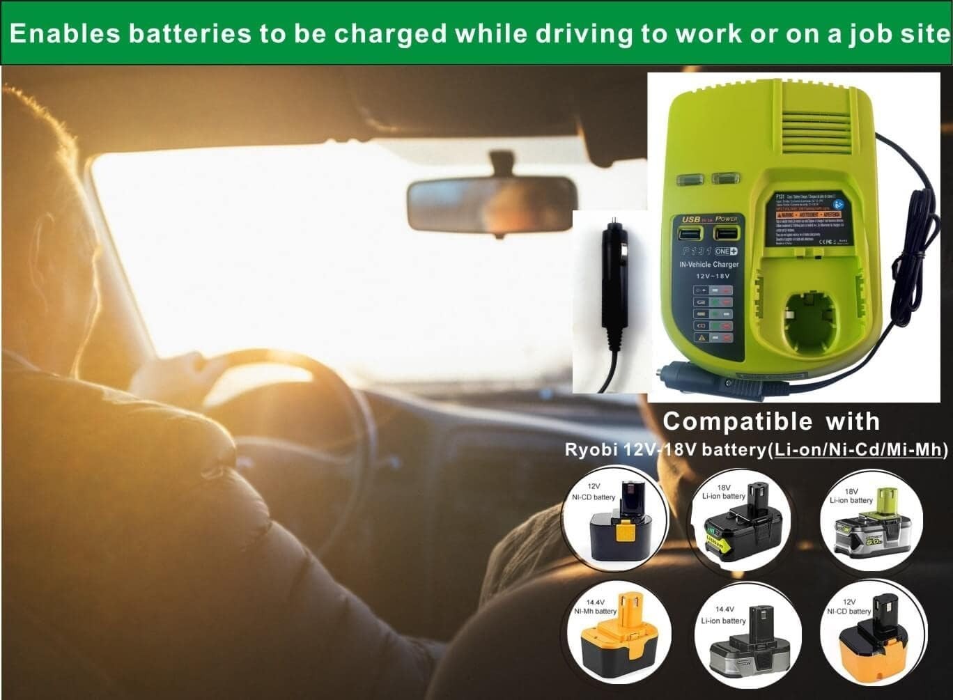 Compaitble with Ryobi P131 One+ Portable Dual Chemistry Lithium Ion or NiCad Veh