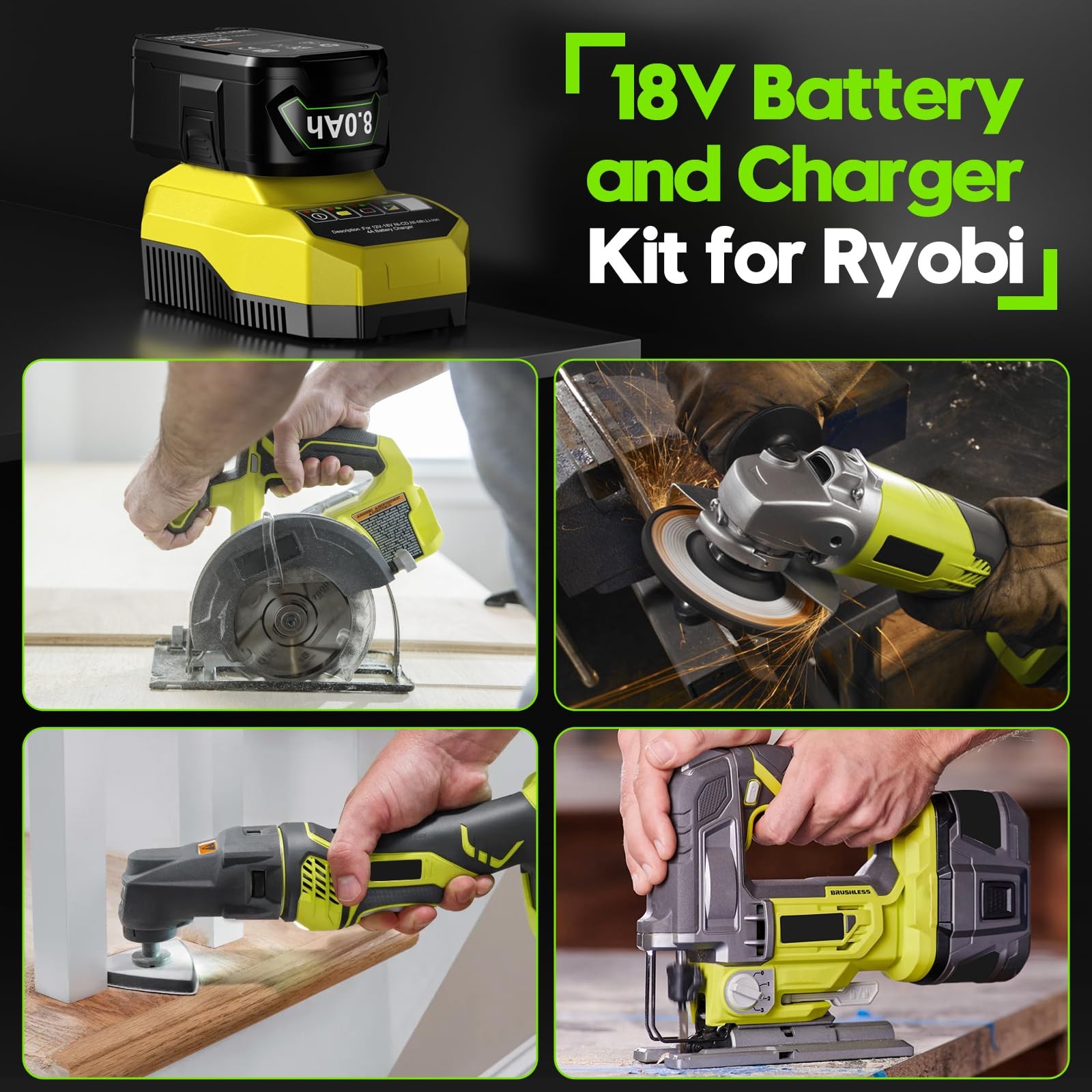 Bonadget NEW 8.0Ah 18V Battery and Charger Combo for Ryobi BLACK+Green