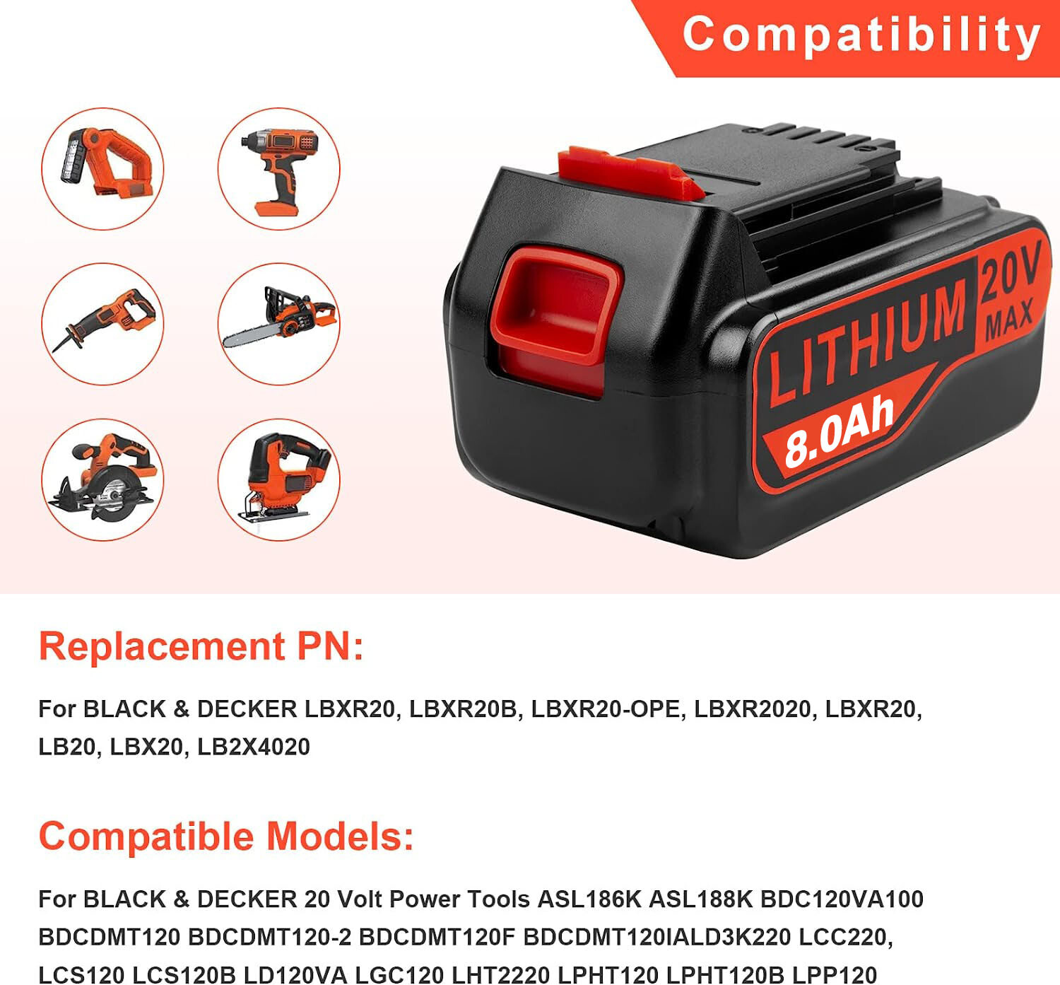 20V Max 8.0Ah Lithium Ion Battery Pack FOR BLACK + DECKER LB2X4020 LBXR20 LBX20