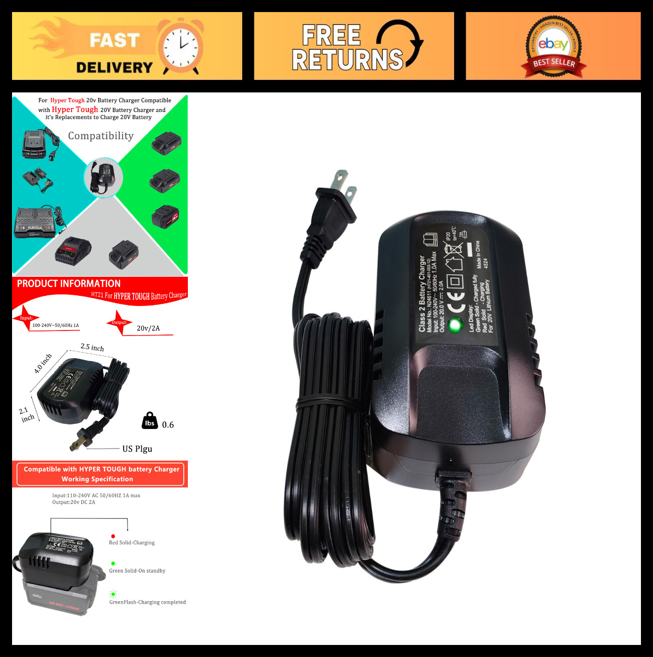 20V 2A Lithium-Ion Battery Fast Charger with LED Indicator Light – US Plug