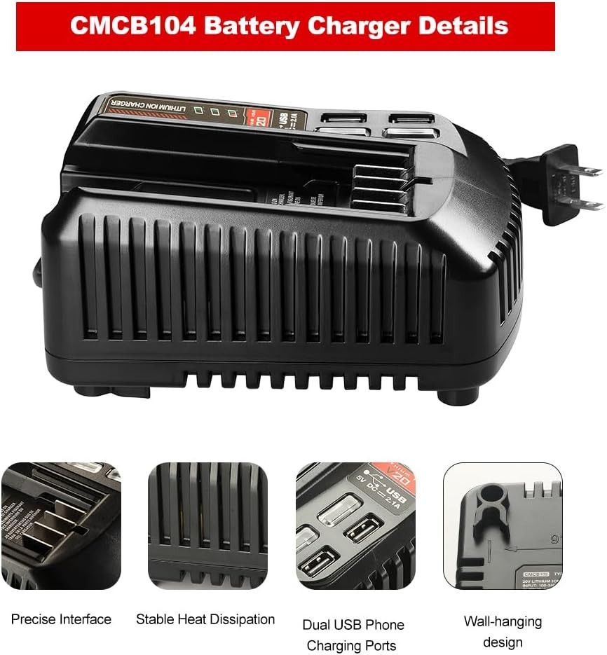 CMCB104 V20 Battery Portable Fast Charger for Craftsman 20v Max Li-ion Battery