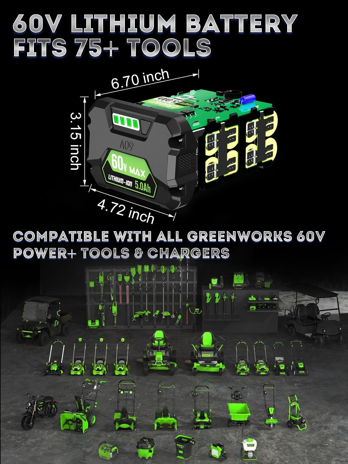 Sydelway 5.0Ah Replacement For Greenworks 60V Battery Fit For Green Works 60V