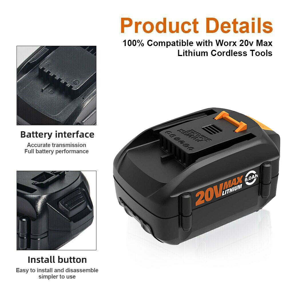 20V 8.0AH MAX Extend Lithium For WORX Battery 20Volt WA3520 WA3525 WA3575 WG155
