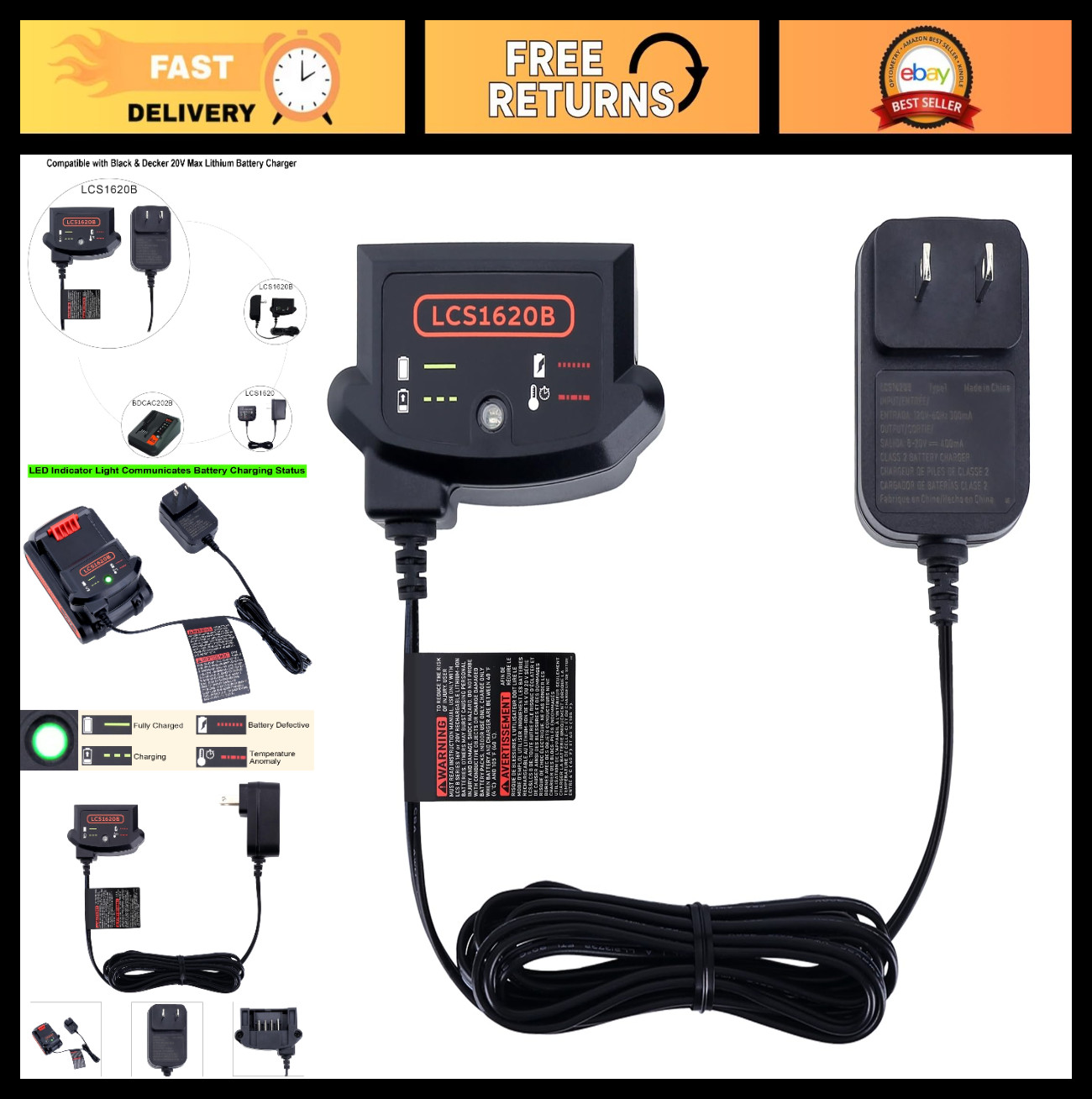 20V Lithium Battery Charger Compatible with Black & Decker 12V/20V Batteries