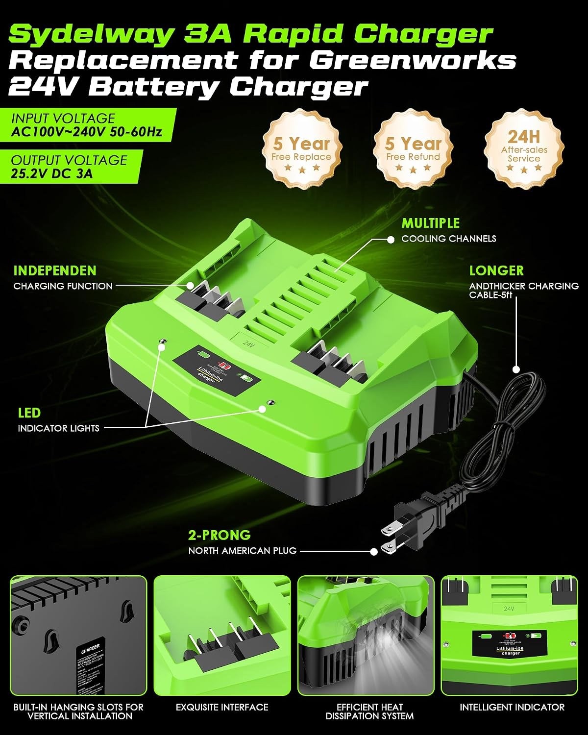 Rapid Dual Port Battery Charger for Greenworks 24V Battery BAG708 BAG711,