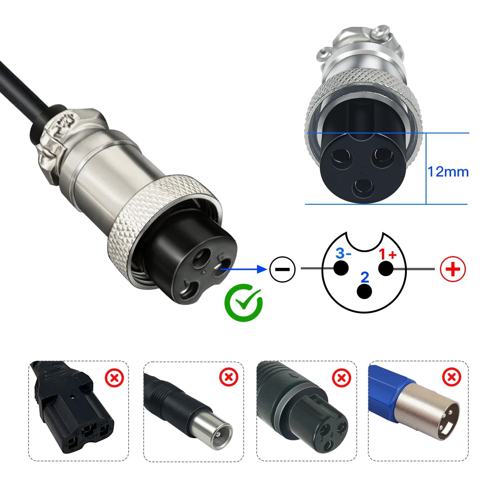 67.2V 3A Lithium Battery Charger for 60V 16S Li-ion Pack, 12mm Connector Adapter