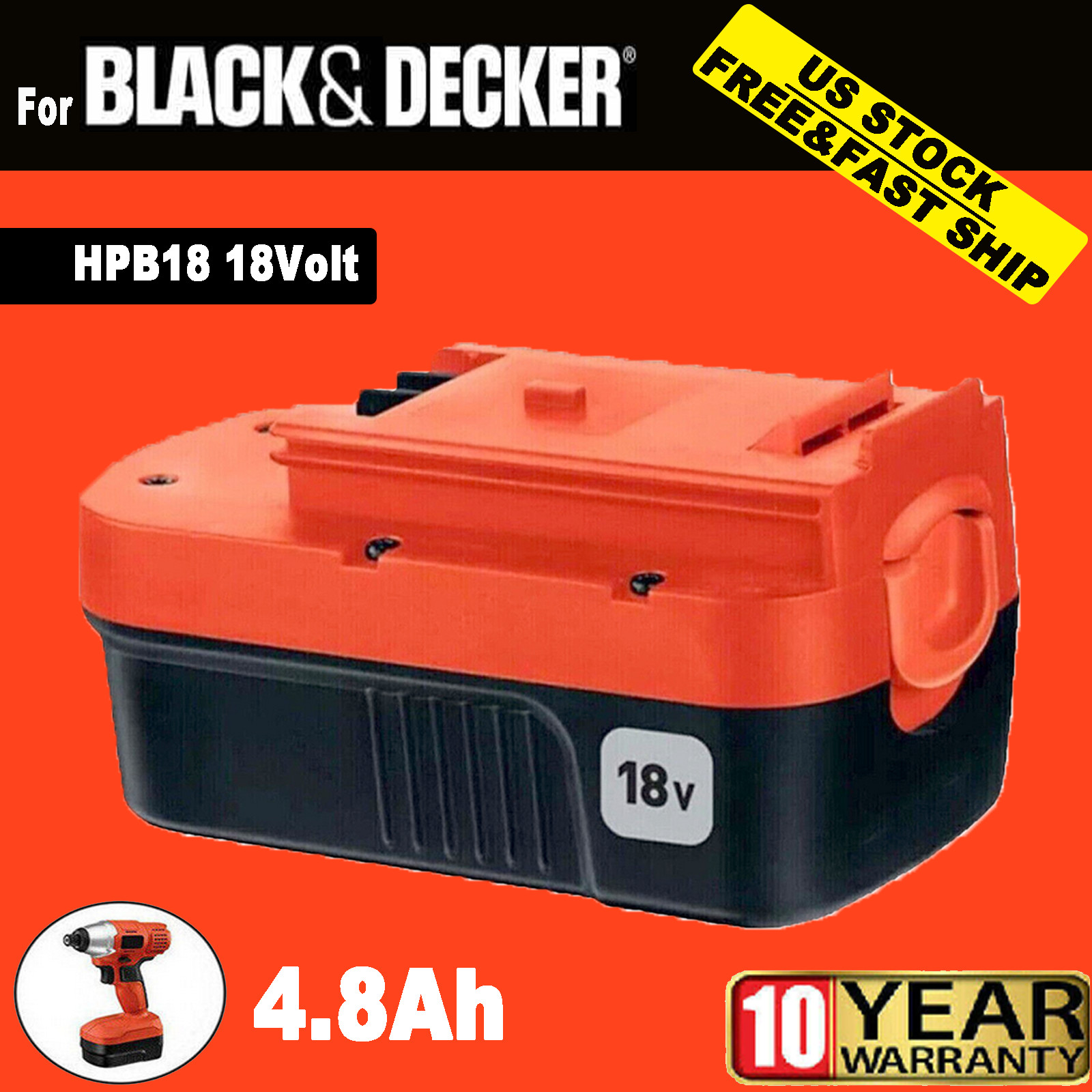 18V HPB18 FSB18 A18 NI-MH Battery for Black and Decker HPB18-OPE 244760-00 4.8Ah