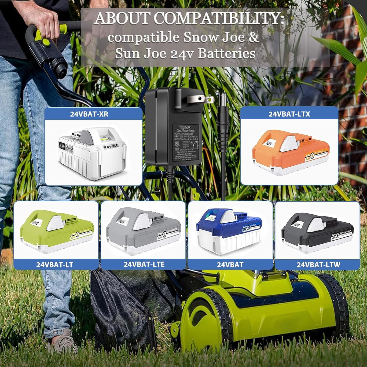 24V Quick Charger Compatible with Snow Joe&Sun Joe 24V Lithium Ion Battery