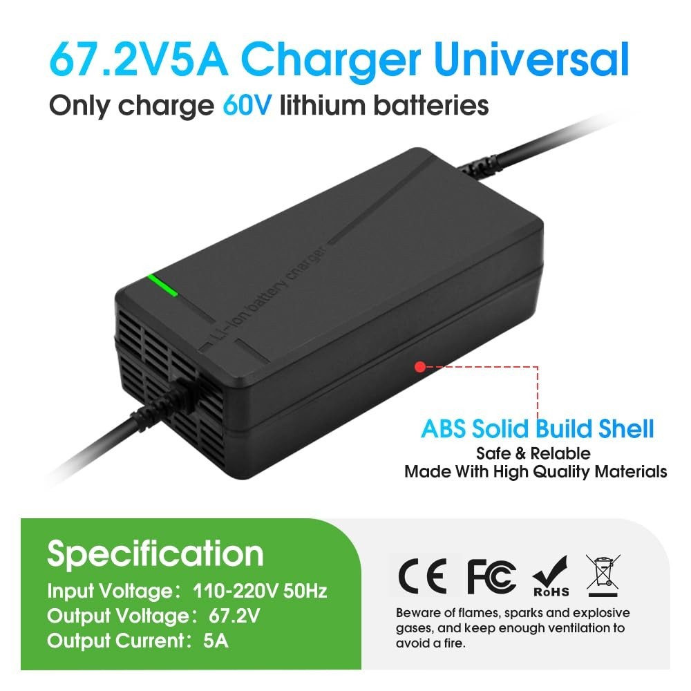 67.2V 5A Multi-Voltage Charger with 6-in-1 Plug for 60V Lithium Batteries – Car,