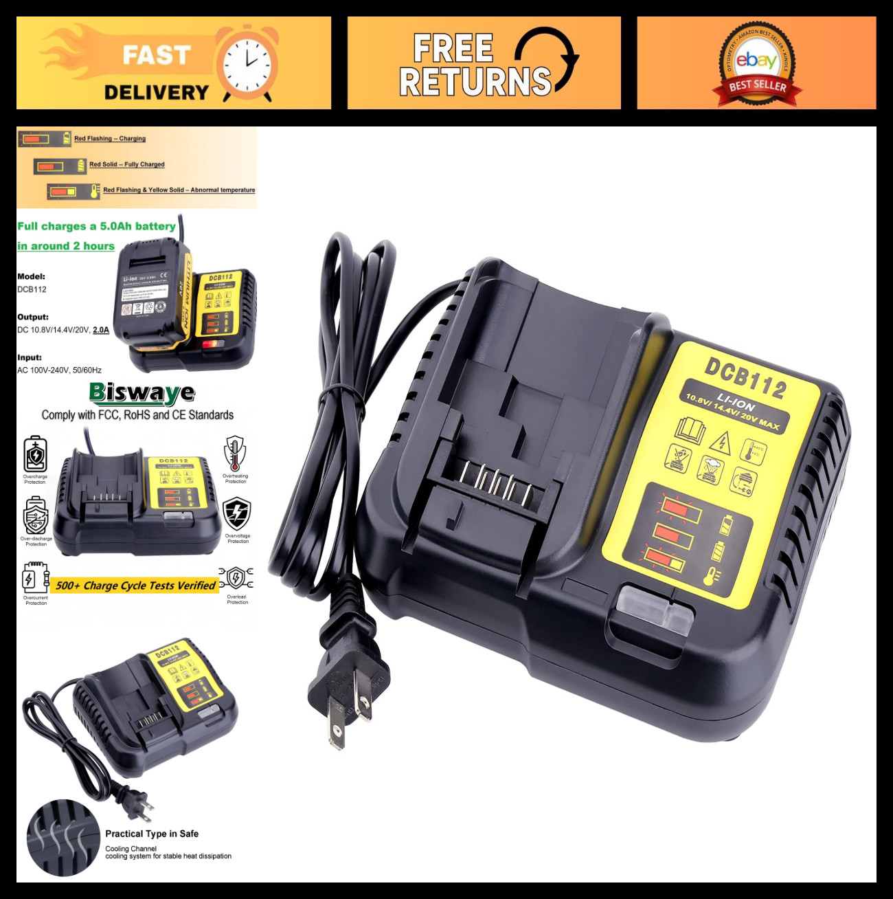 20V Max Charger for Li-Ion Cordless Tool Batteries – Compatible with DCB201, DCB