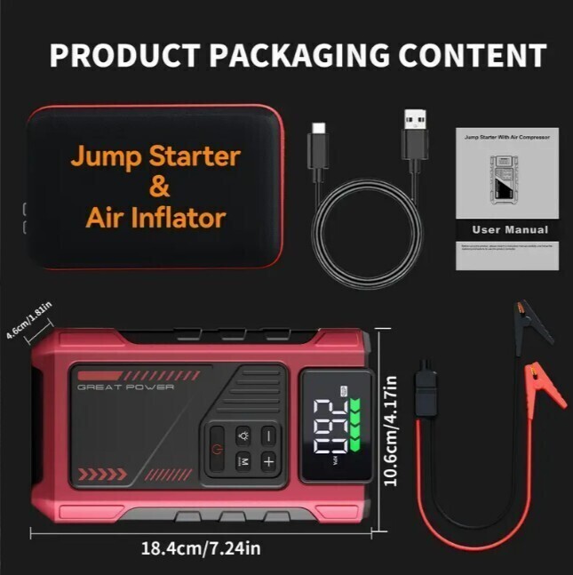 3500A Portable Wireless Jump Starter & Air Compressor 12V 8.0L Gas/1.72gal Diese