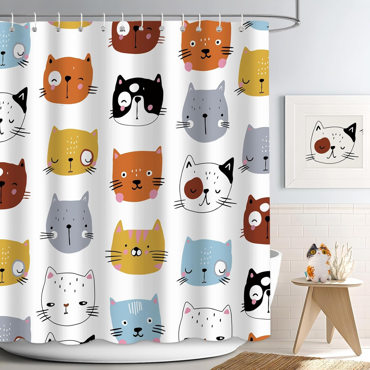 Cute Cat Shower Curtain for Bathroom Decor, Funny Bathroom Curtain Set, Cat Love