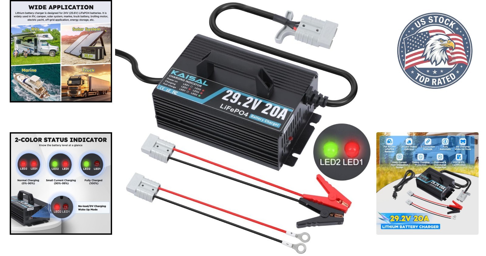 Smart 24V 20A LiFePO4 Battery Charger with LED Indicators for Off-Grid Solutions