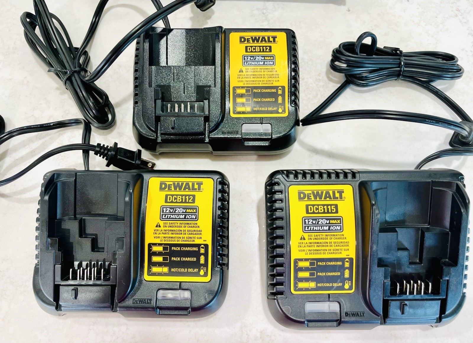 DEWALT 12V/20V MAX Lithium-Ion Battery Chargers (2-DCB112’s+1-DCB115)w/Carry Bag