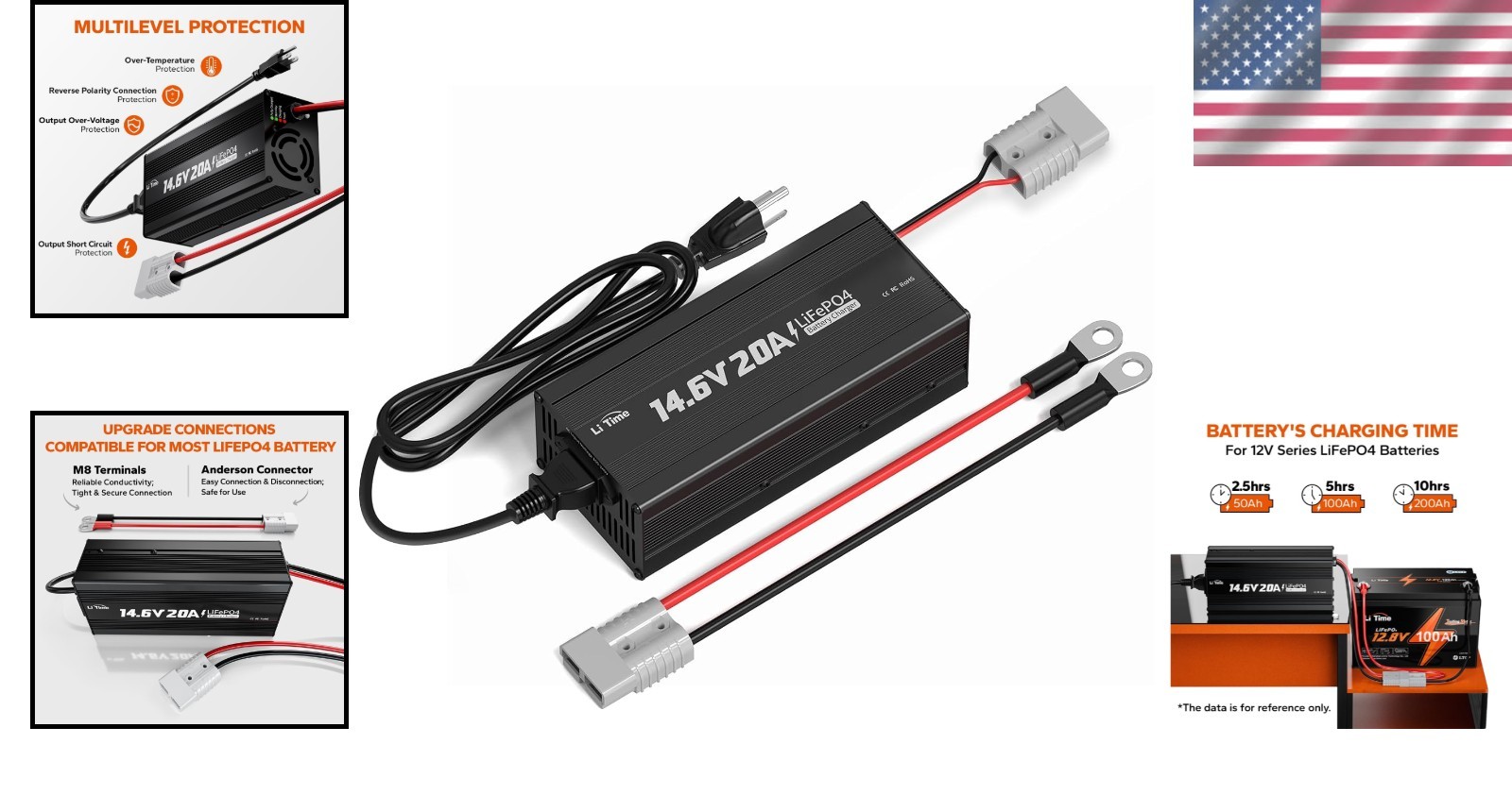 Fast 12V Lithium Battery Charger 20A Smart LiFePO4 RV Solar