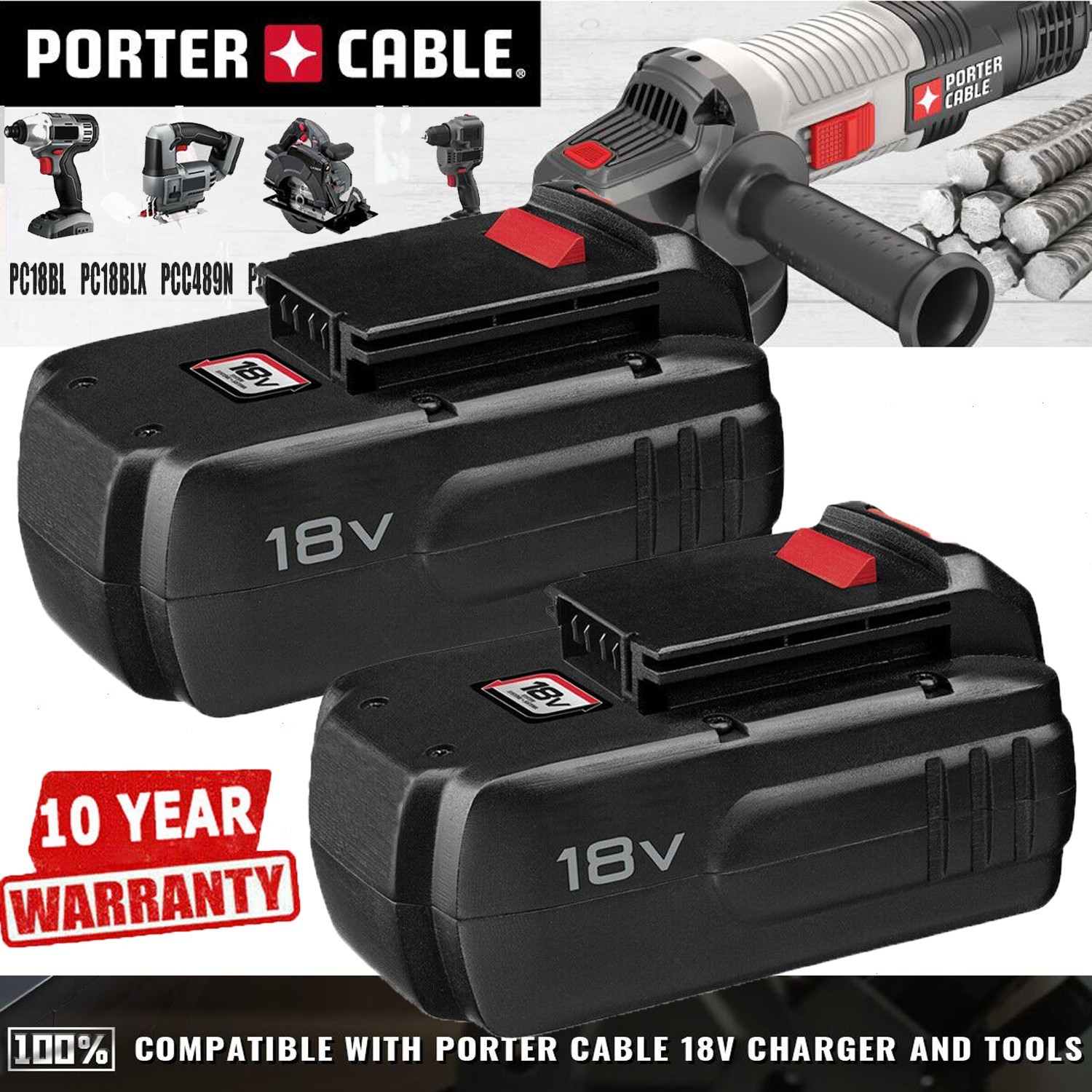 2PACK For Porter Cable PC18B 18Volt NiCd PC186CS Battery /Charger PCC489N PC188