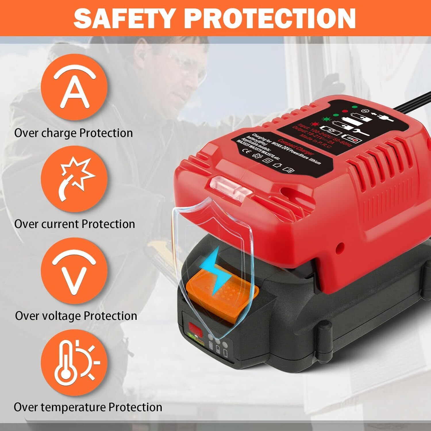 Fast Charger for WORX 6PIN 20V Li-ion Battery Charger Station with LED Indicator