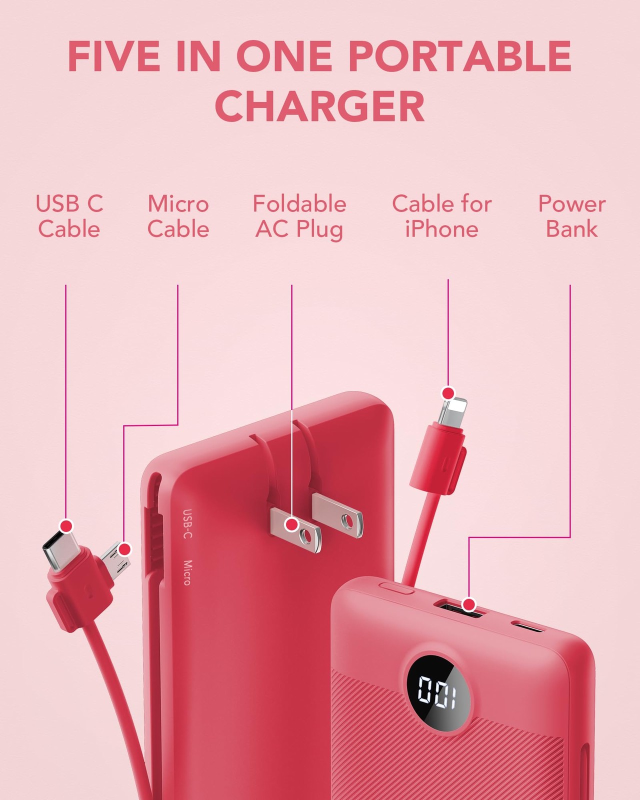 Portable Charger Built-In Cables And Ac Wall Plug Vrurc Usb C Power Bank
