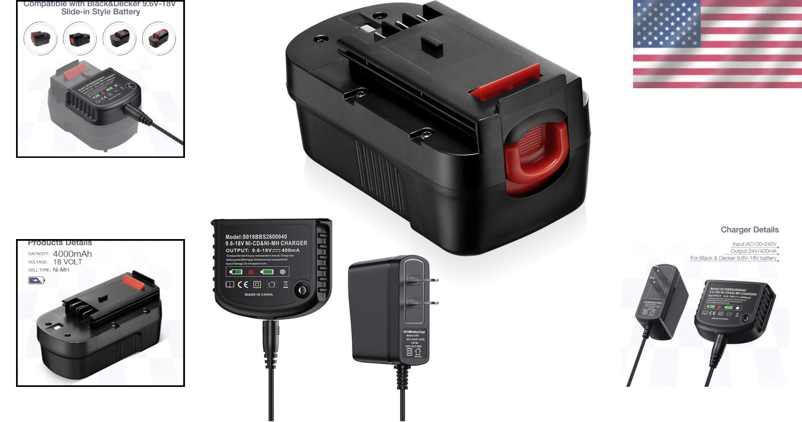 4000mAh Replacement Battery + Charger for Black+Decker 18V