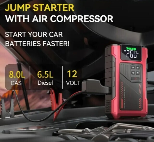3500A Portable Wireless Jump Starter & Air Compressor 12V 8.0L Gas/1.72gal Diese