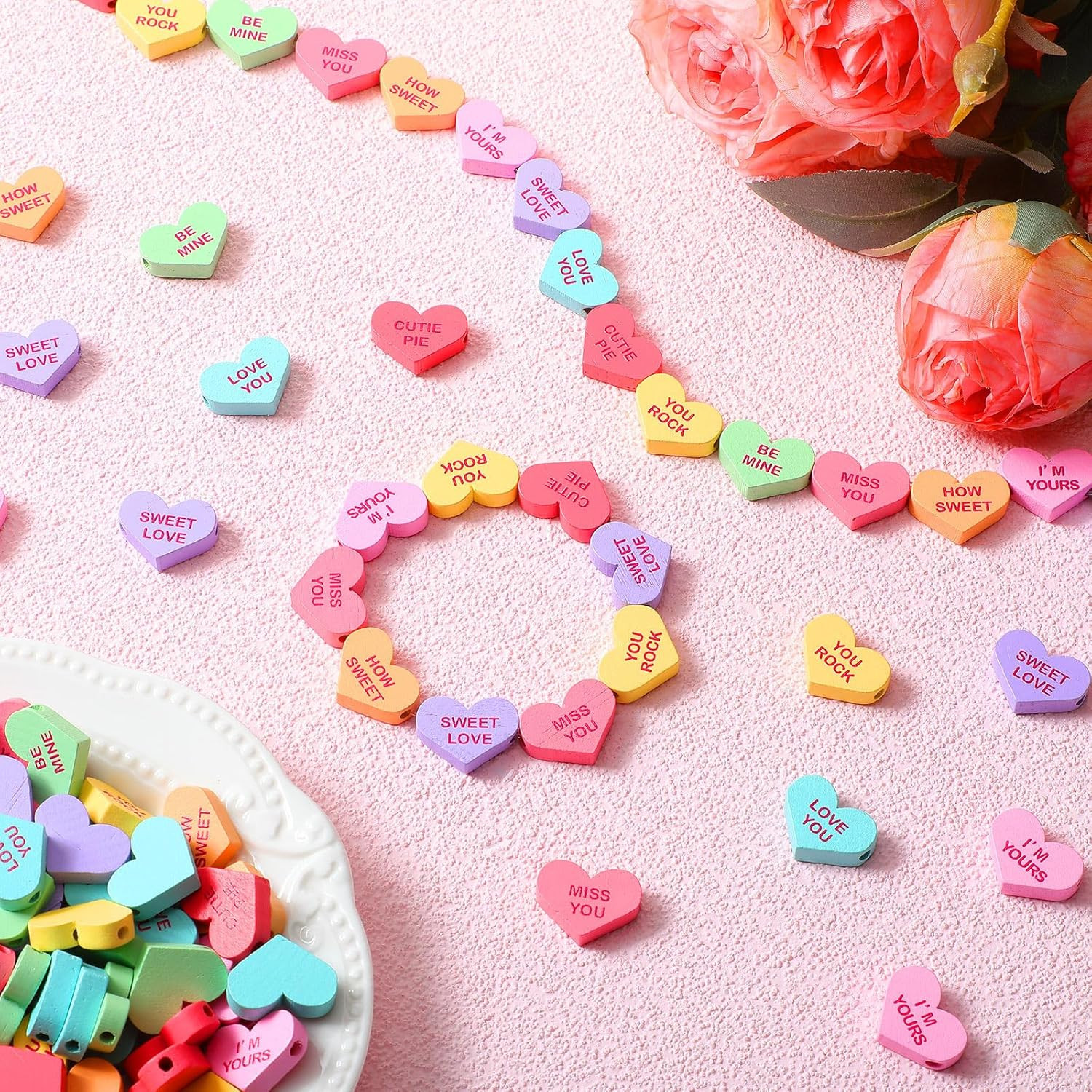 320 Pcs Valentine’S Day Wooden Heart Beads Conversation Hearts Beads 16 Mm Heart