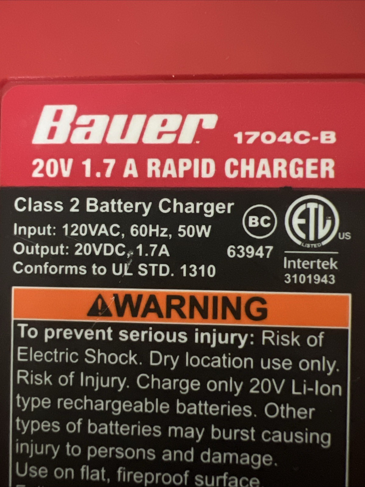 BAUER (1704C-B) 20V 1.7A RAPID BATTERY CHARGER Red/black See Descr