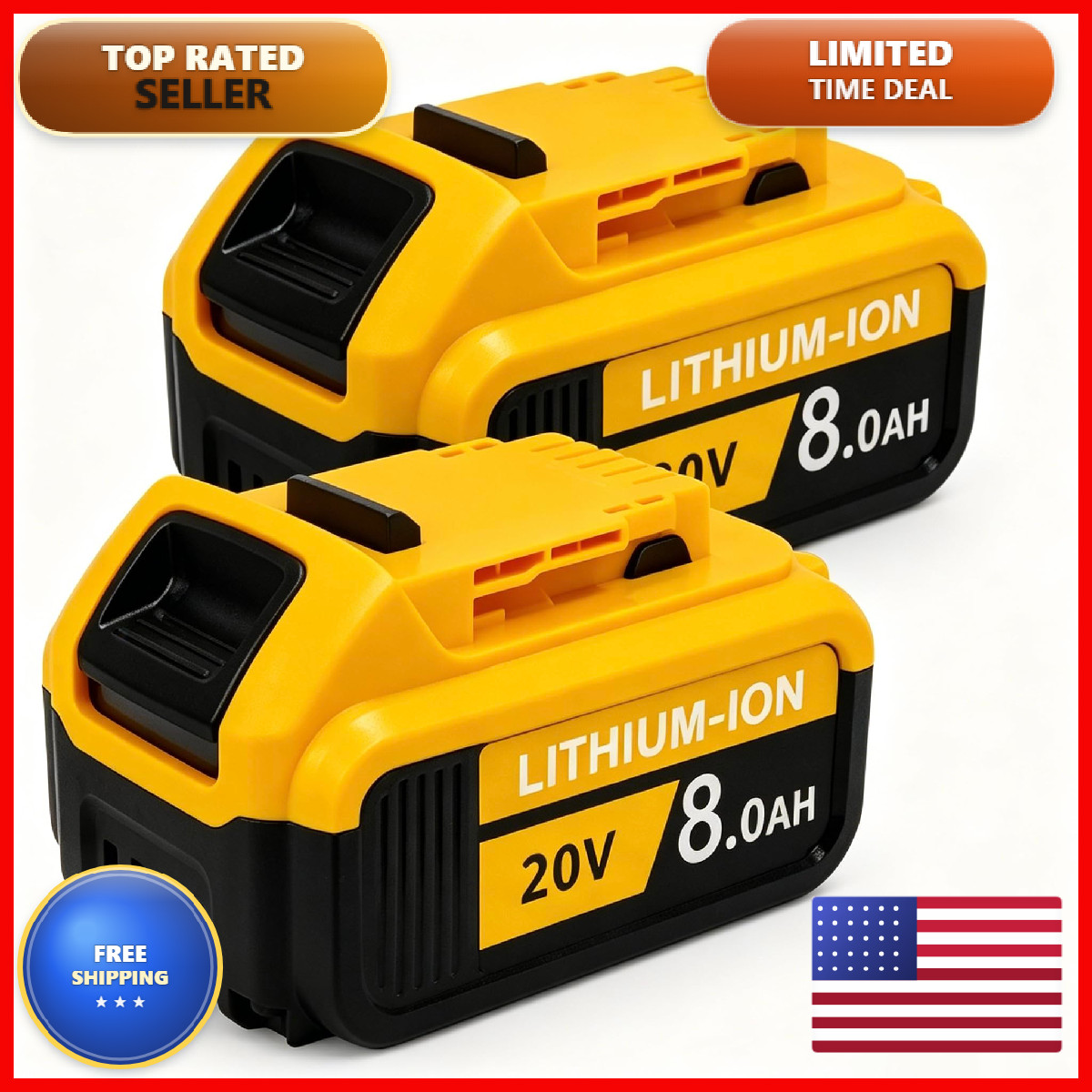 Amsiceol 8.0Ah 2-Pack Replacement Battery For Dewalt 20V Max Tools 20 Volt