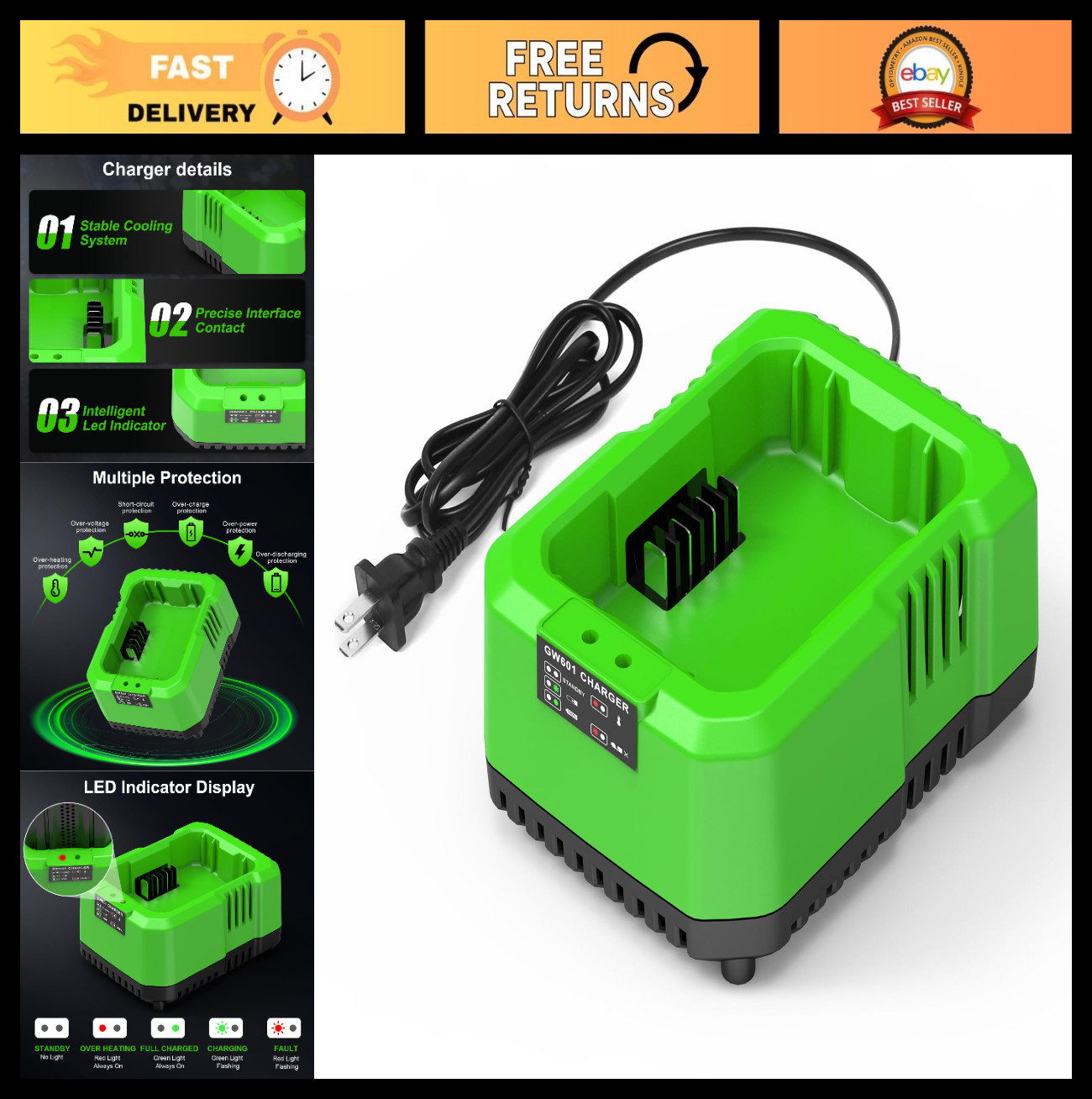 60V Fast Charger for Lithium-Ion Battery & Cordless Tools, Multiple Protection S