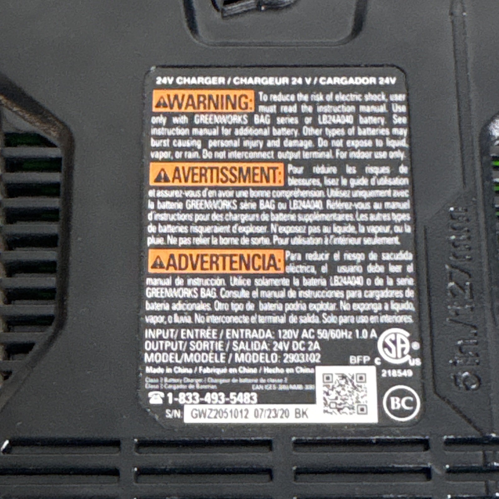 Greenworks 24V Lithium Battery Charger, Model/MPN 2933102, Green, 1-Battery