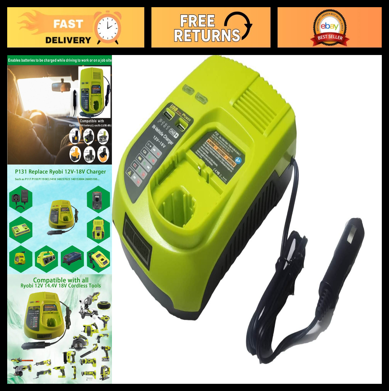 Portable Dual Chemistry Car Battery Charger for Ryobi One+ P107 P102 P108 P122 &