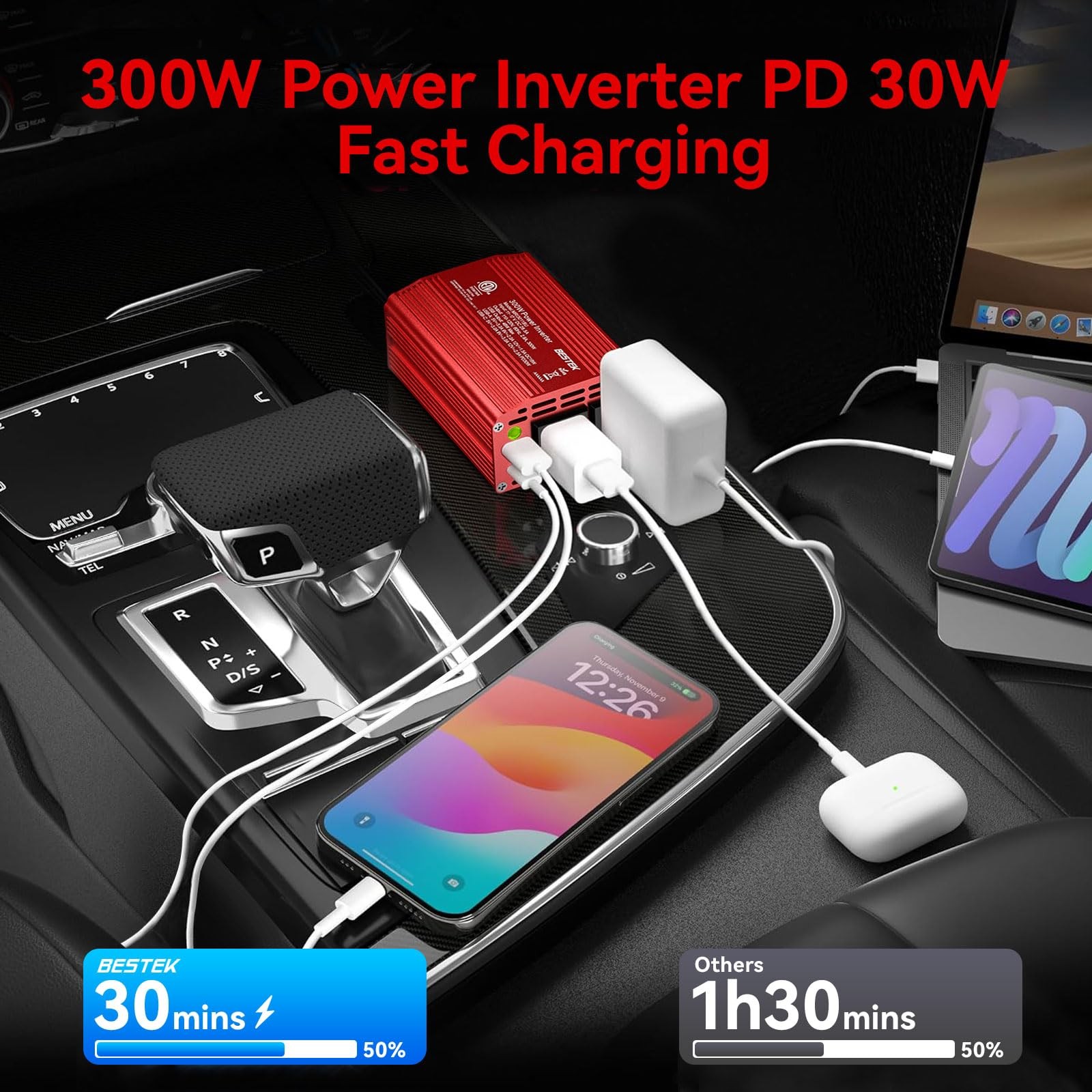 BESTEK 300W Car Power Inverter 12V to 110V w/ PD30W USB-C & USB-A – Aluminum Hou