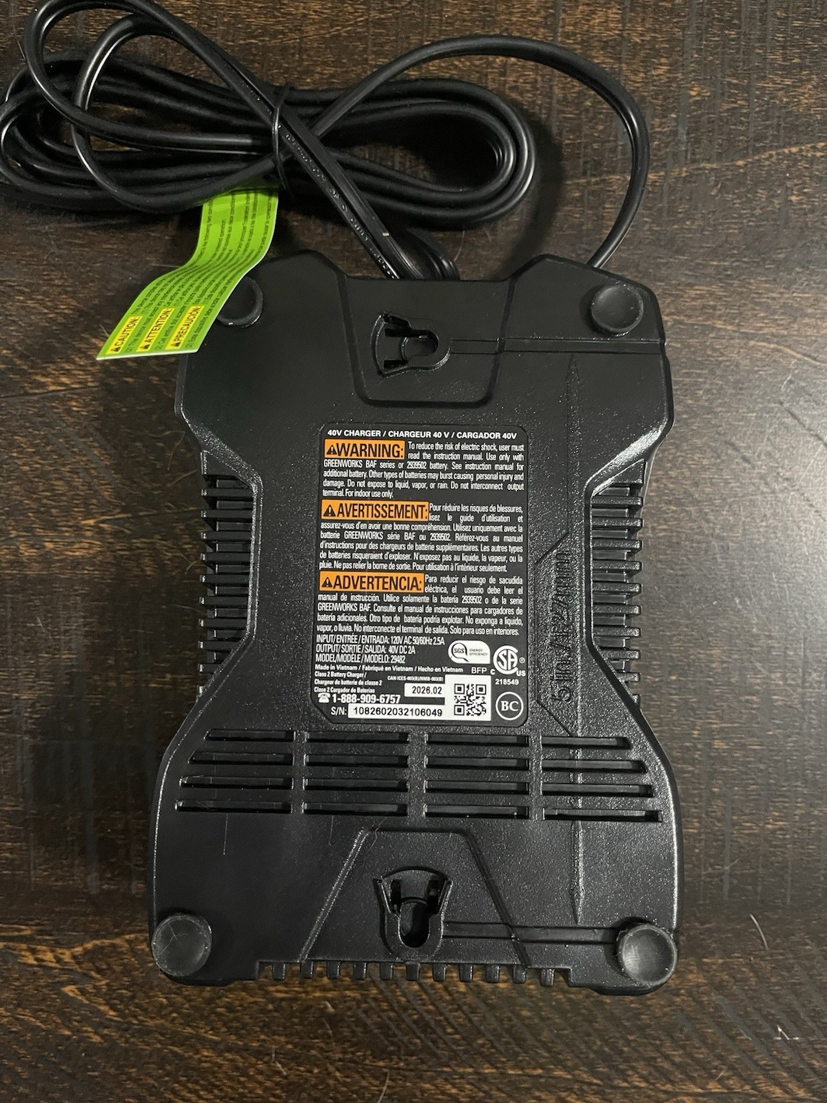 GreenWorks 29482 G-MAX 40V Lithium-ion Battery Charger – Green – Brand New