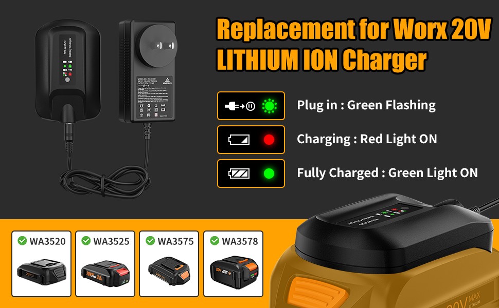 Battery Charger For WORX MAX Extend Lithium 20 Volt WA3520 WA3525 WA3575